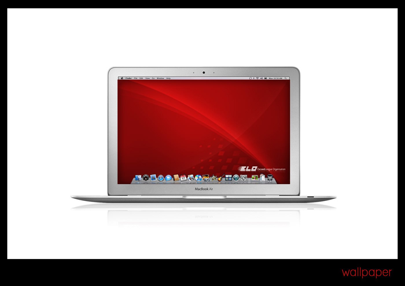 Wallpaper plate, captioned wallpaper: an open laptop shown on a white ground, its screen filled with the red gradient brand wallpaper and a small white ELO lockup at the lower right of the display.