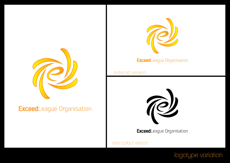 An earlier logotype variation sheet in orange and gold, posted on the studio blog three weeks before the deck was submitted. At the left, a swirling lower-case e built from curved blades radiating around a centre, with Exceed League Organisation set beneath it; at the top right the same mark reduced, and at the bottom right a one-colour black version. The panel captions read reduced version and one colour vesion, the second misspelled as it is on the original.