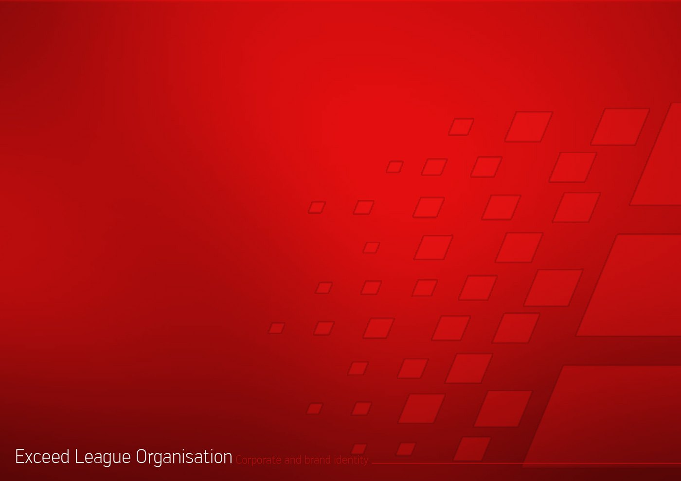 The same cover composition rendered in saturated red, the pixel grid fading into the gradient from the right, with Exceed League Organisation in white at the lower left and a small caption line beside it.