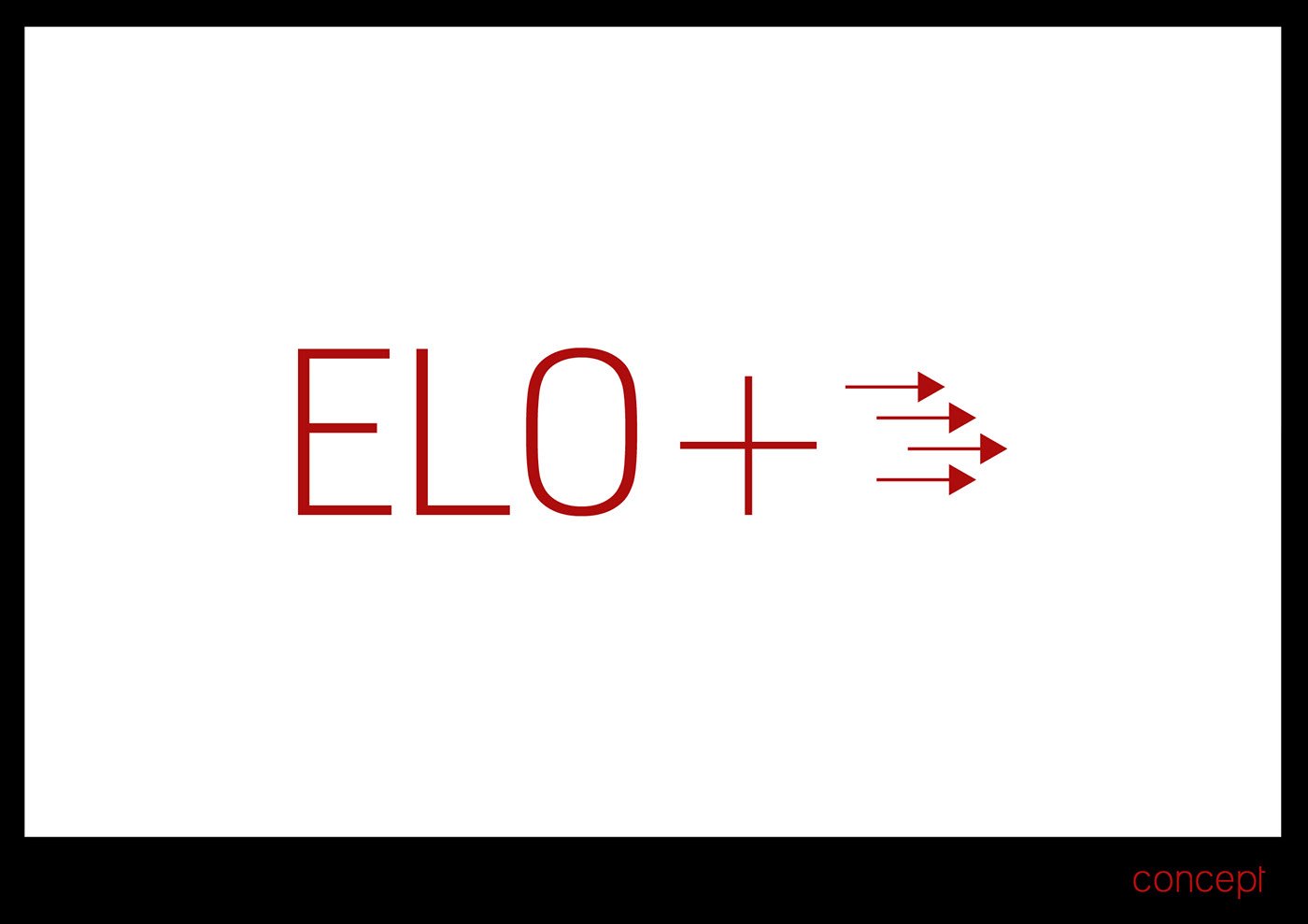 White concept plate: the letters ELO in a thin red outline, a red plus sign and three red arrows pointing right, with the word concept printed small in red at the bottom right corner.