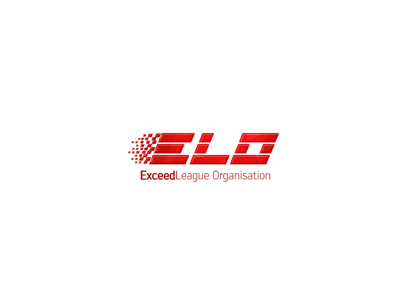 Primary lockup on white: the blocky red ELO logotype with a pixel cluster leading into the first letter, and Exceed League Organisation set beneath it in red, Exceed heavier than the rest.