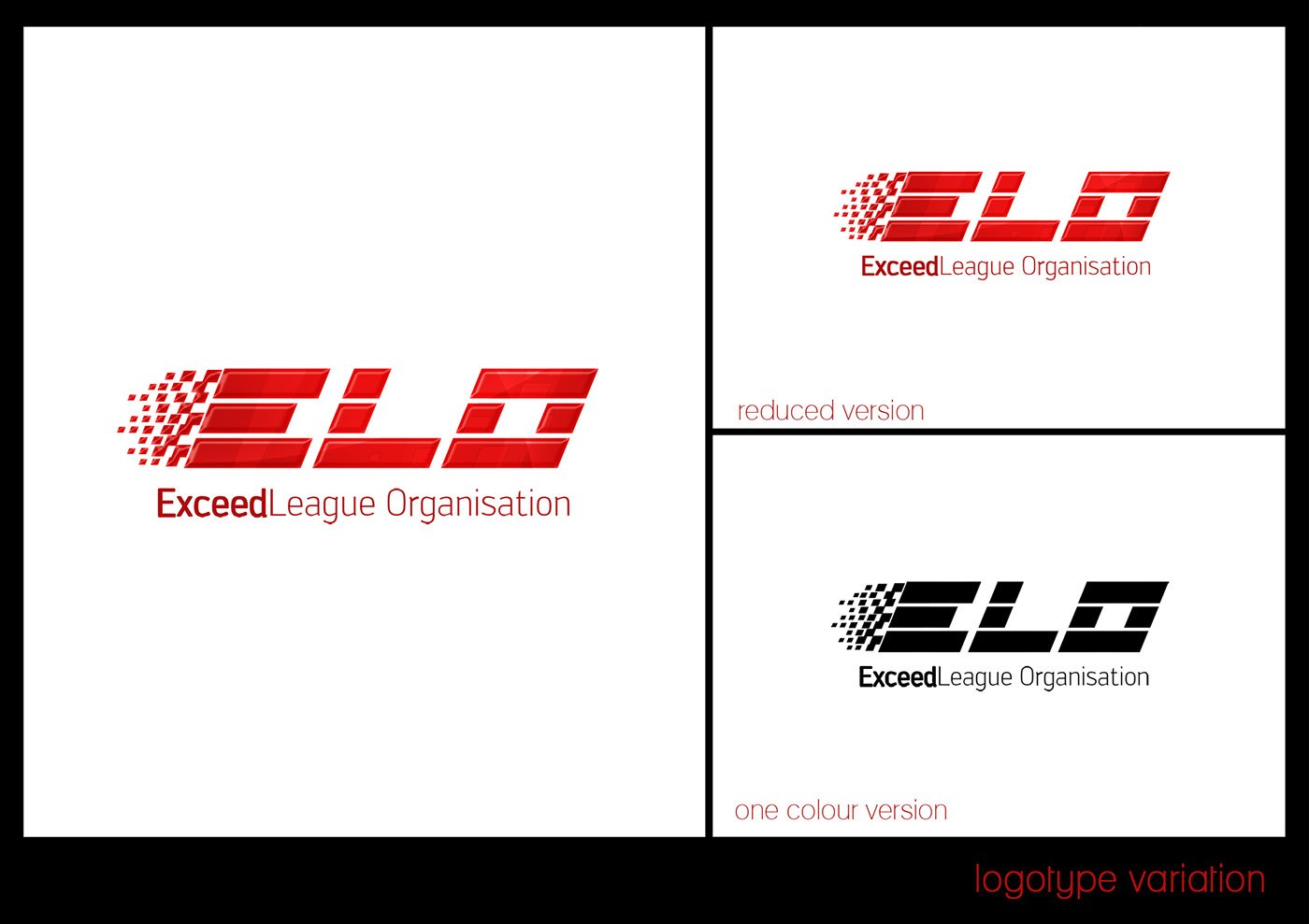 Logotype variation sheet, captioned logotype variation in red: two stacked panels show a smaller red lockup labelled reduced version and a black lockup labelled one colour version on a white ground.