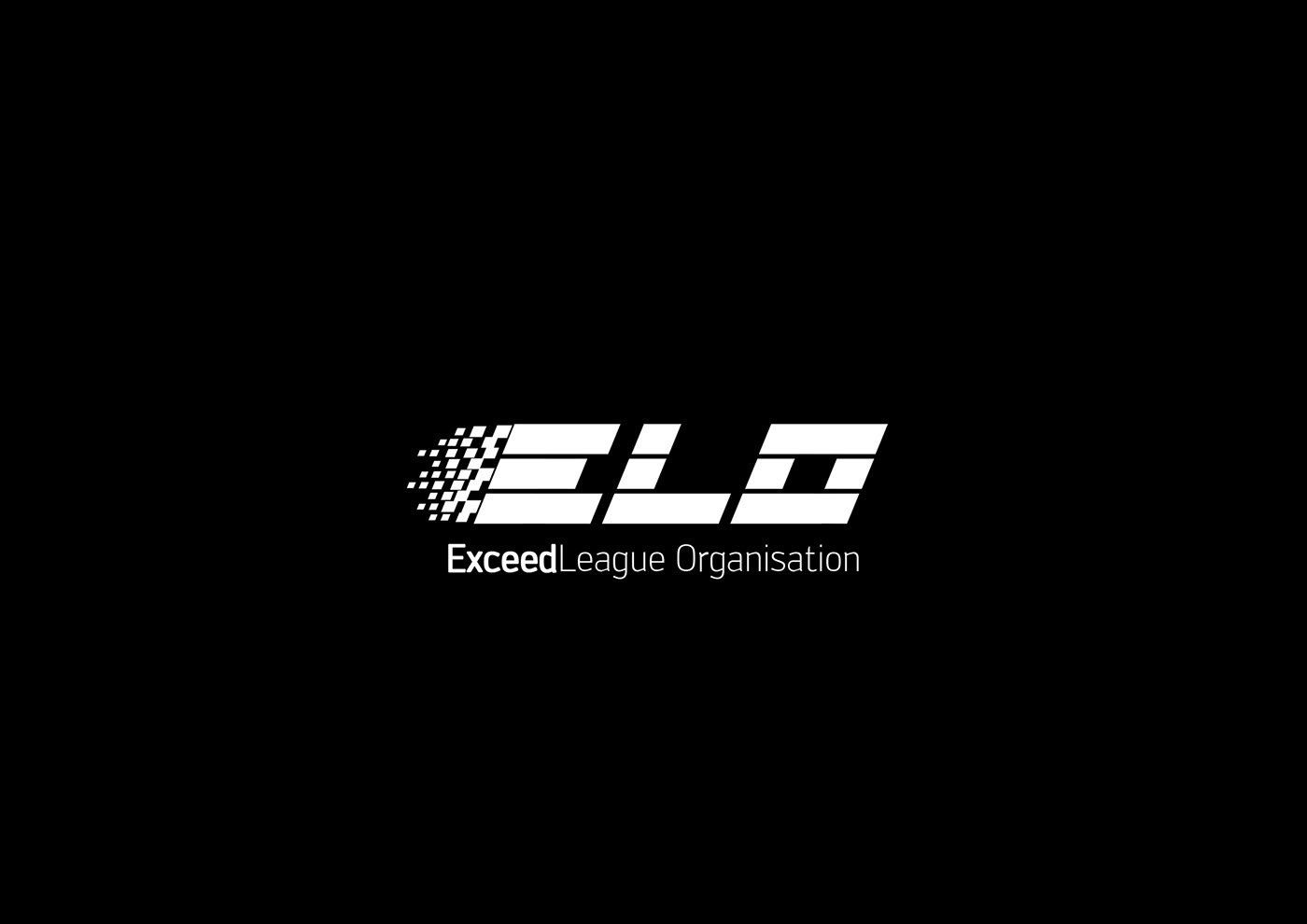 Reversed lockup on a black plate: the ELO wordmark and Exceed League Organisation in white, the leading pixel cluster picking up grey tones so the mark still reads against the dark ground.