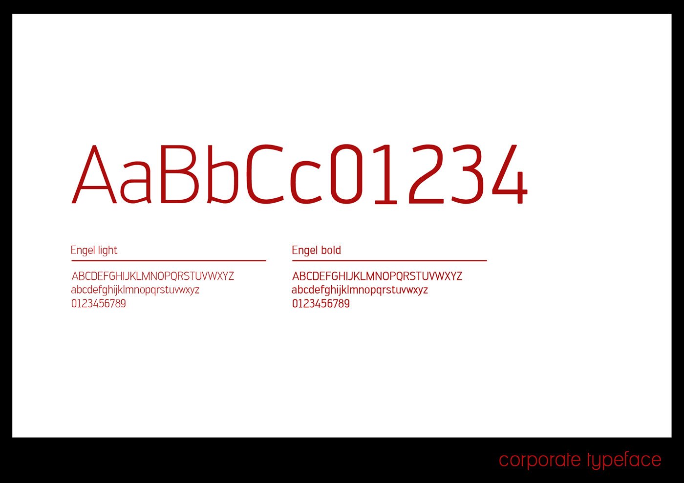 Corporate typeface plate, captioned corporate typeface: AaBbCc01234 in large red letterforms, with Engel light and Engel bold specified below, each showing a full alphabet in upper and lower case plus numerals.