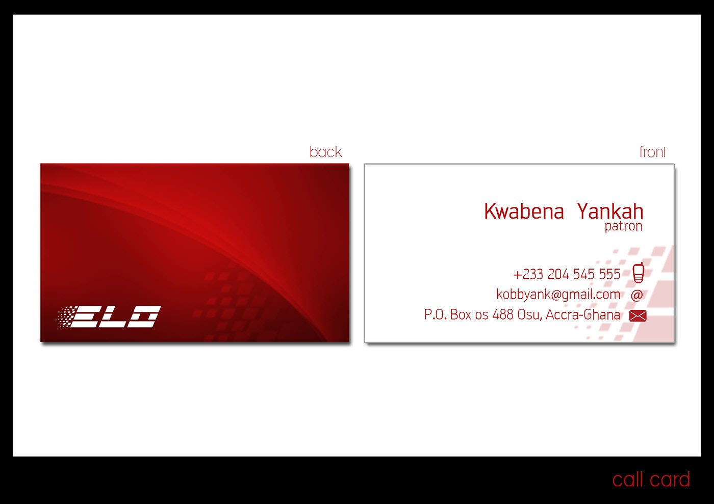 Call card plate: the red gradient back with a white ELO mark, and the white front carrying a name, the title patron, a plus two three three phone number, an email and a P.O. Box address in Osu, Accra.