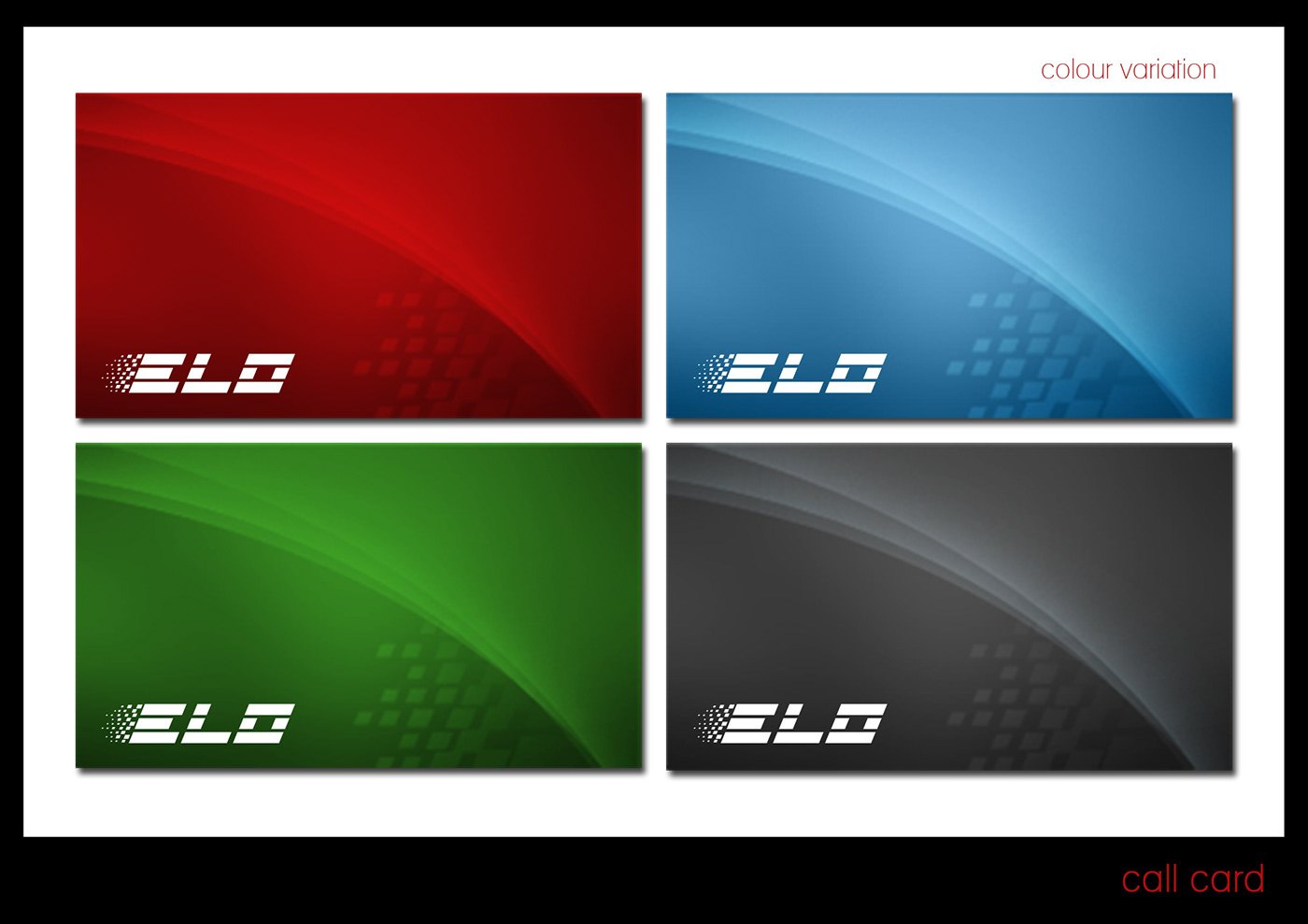 Colour variation sheet, captioned colour variation: four card backs in red, blue, green and grey gradients, each with the white ELO mark and the pixel grid drifting across one corner.