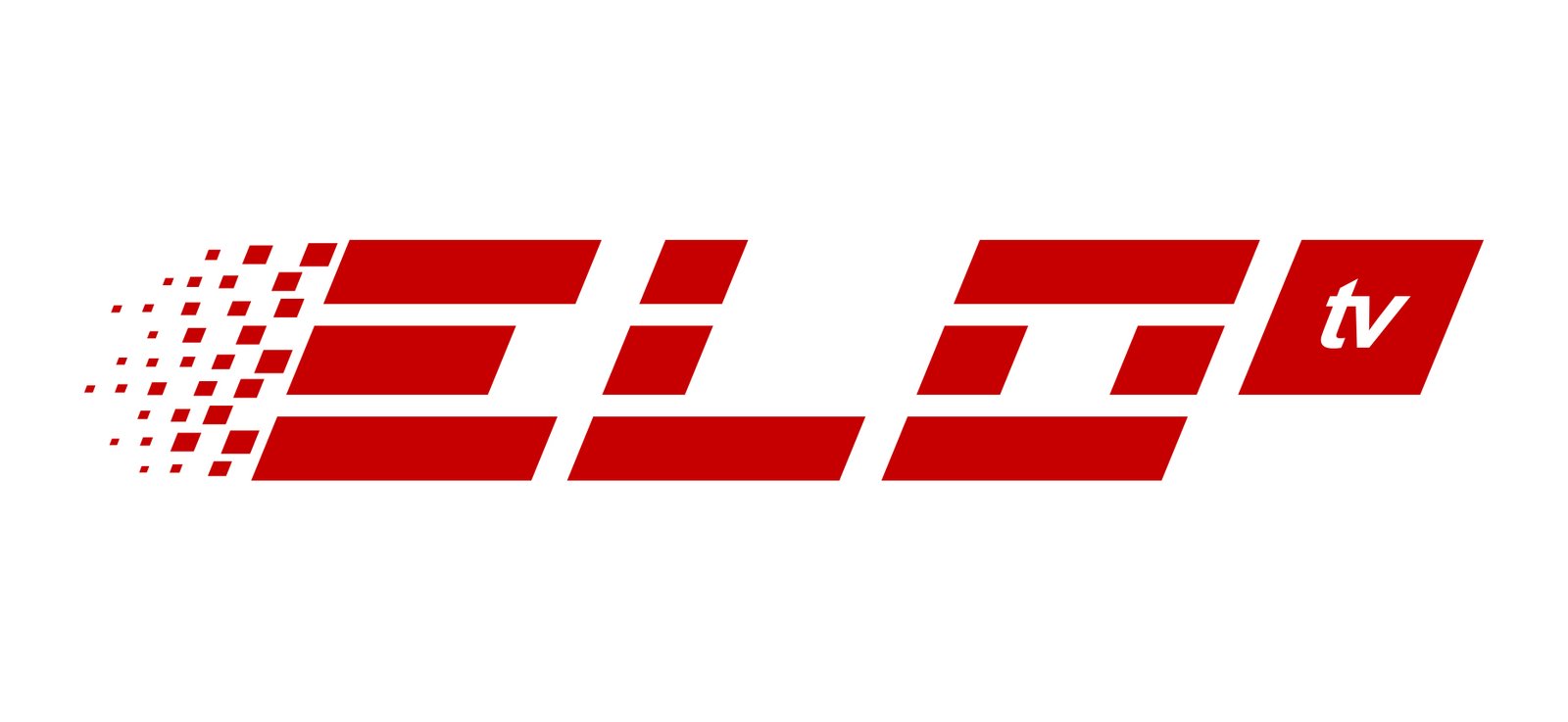 ELO TV mark on white: the slanted red ELO blocks with a dash and pixel trail dispersing to the left, and a small red parallelogram carrying the white italic tv tag beside them.