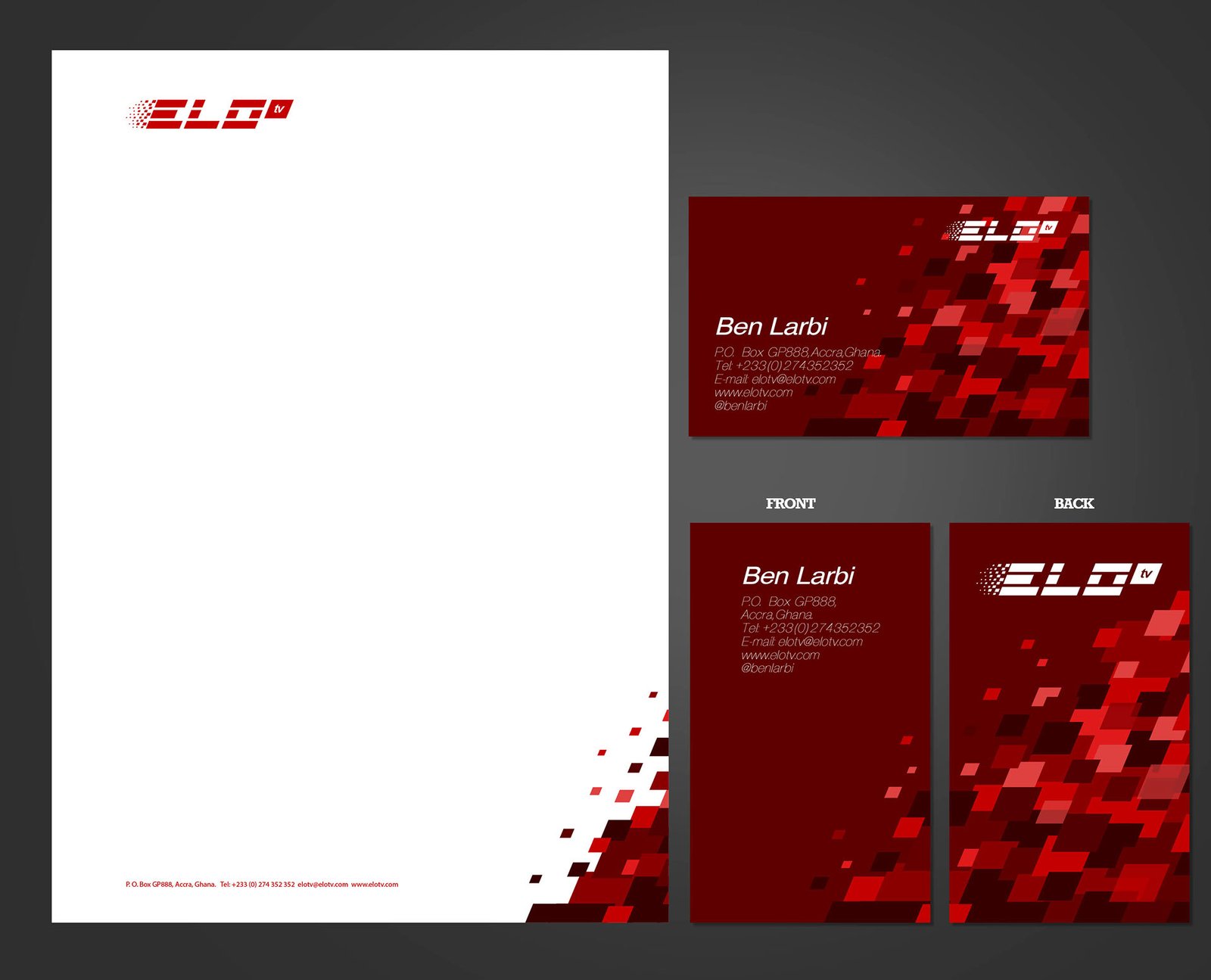 ELO TV stationery on dark grey: a white letterhead with the red mark, a red pixel cascade down its lower right and a red contact footer, above a deep-red Ben Larbi card with a reversed white mark and a pixel field, with front and back portrait cards below.