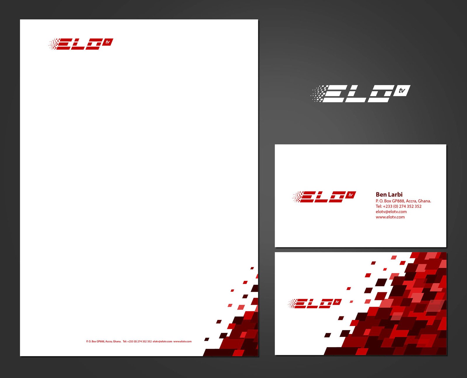 ELO TV stationery in the white variant: letterhead and business cards on dark grey, the red mark and red Ben Larbi contact block on white, a white card carrying the red pixel cascade, and a reversed white mark on the grey ground.