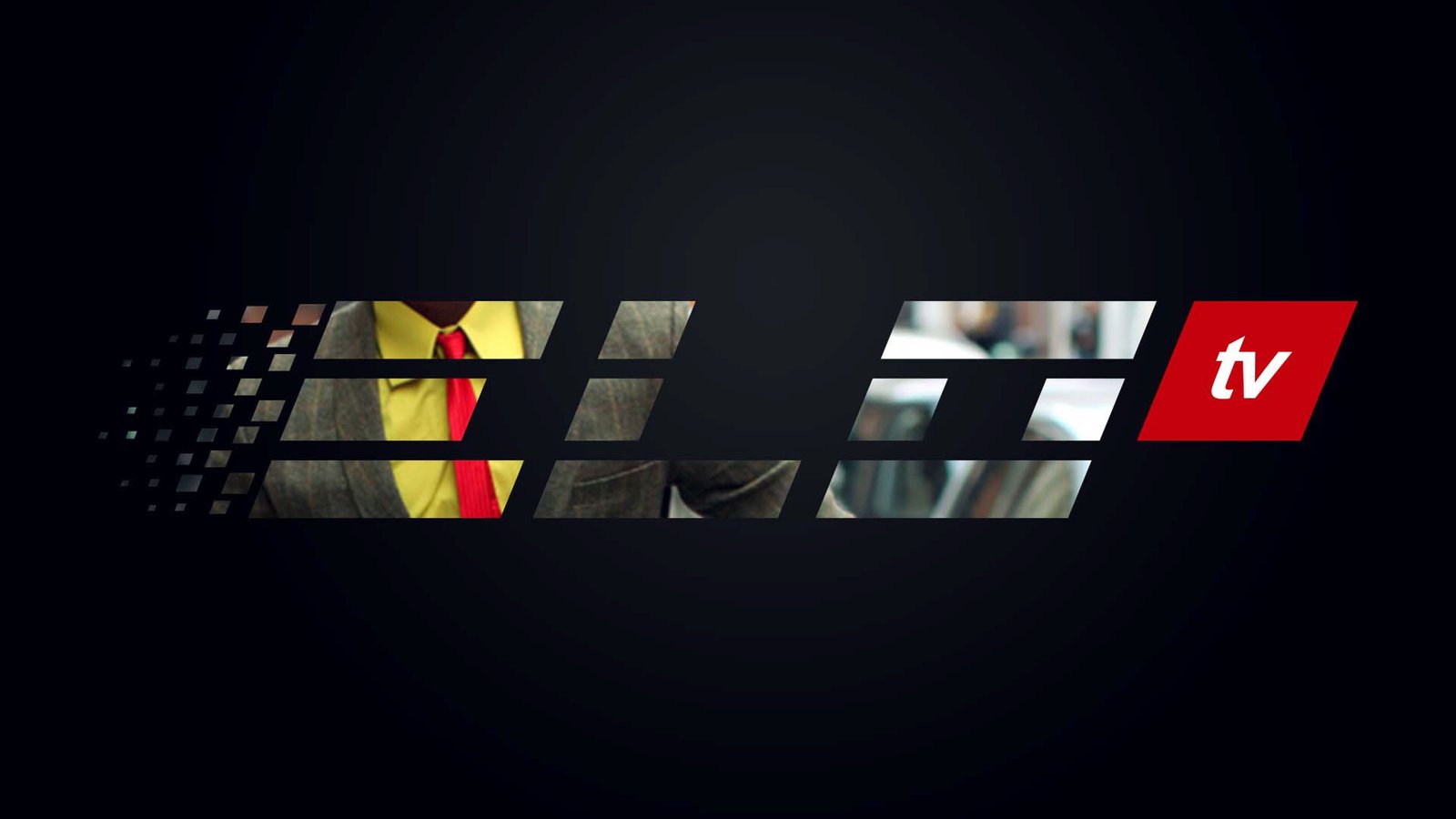 ELO TV ident frame: the letterforms stretched wide across the black field, the man in the tweed suit and red tie masked at the left and a blurred street scene bleeding through the right-hand bars.