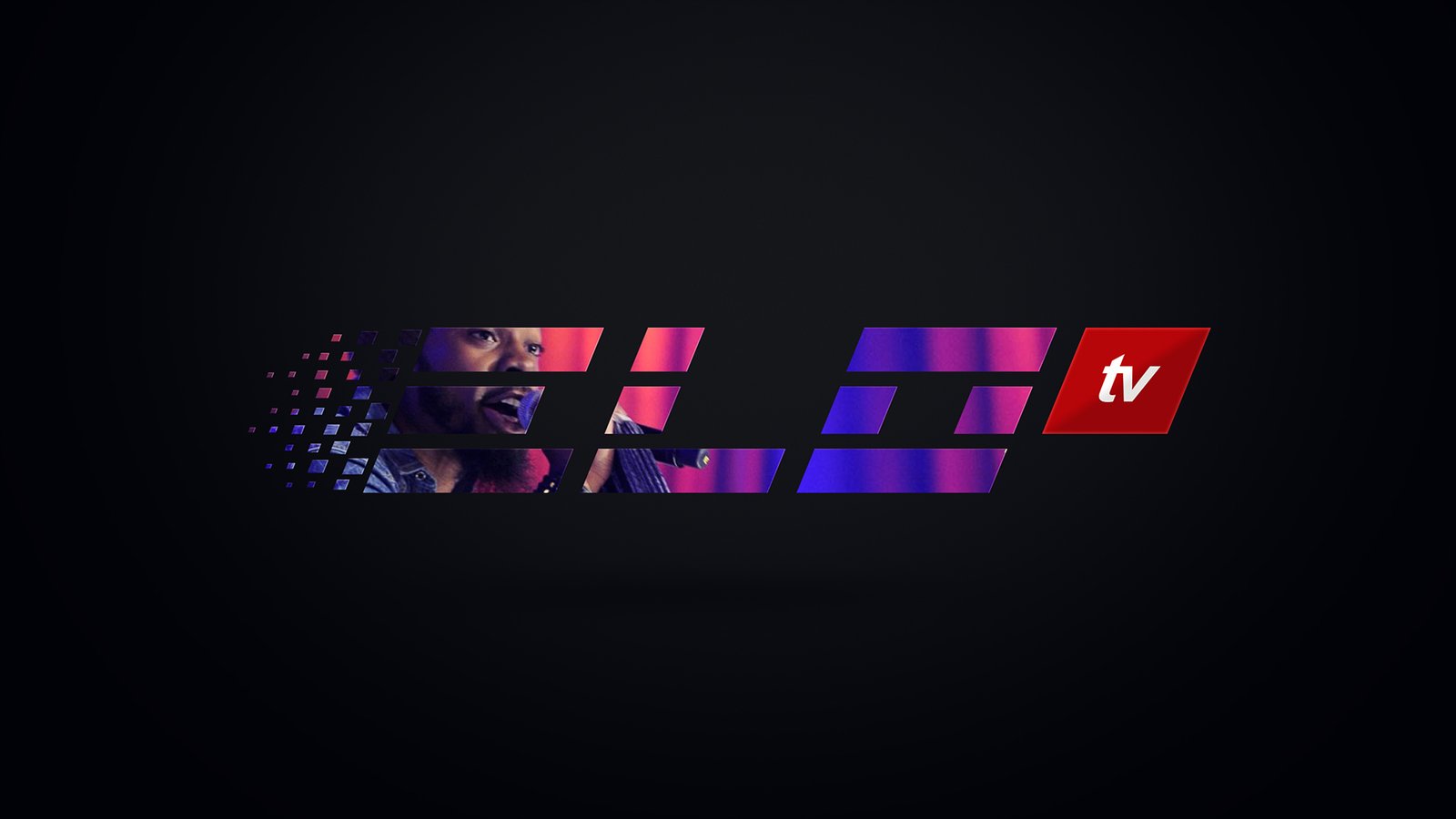 ELO TV ident frame: a footballer in a white jersey looking upward, the desaturated grey letterforms masking his face and shoulders against black, red tv block at right.