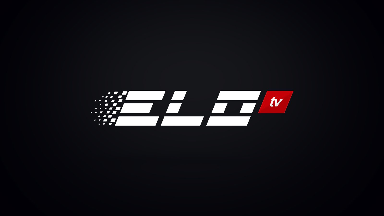 ELO TV logo on black: the italic letterforms built from three slanted white bars, a grid of white pixels dispersing to the left off the E, and a red parallelogram carrying the white lower-case tv tag at right.