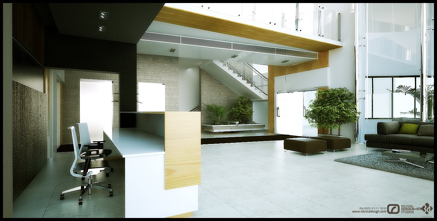 A rendered double-height entrance hall: a long white reception desk with a pale oak end panel and two white task chairs sits under a black ceiling bulkhead with recessed downlights, against a grey brick wall and a textured timber screen; beyond, a stair with glass balustrades rises to an upper level over a planted trough of small trees, while a lounge of dark ottomans and a black sofa on a grey rug occupies the right-hand glazing, all on a pale tiled floor.