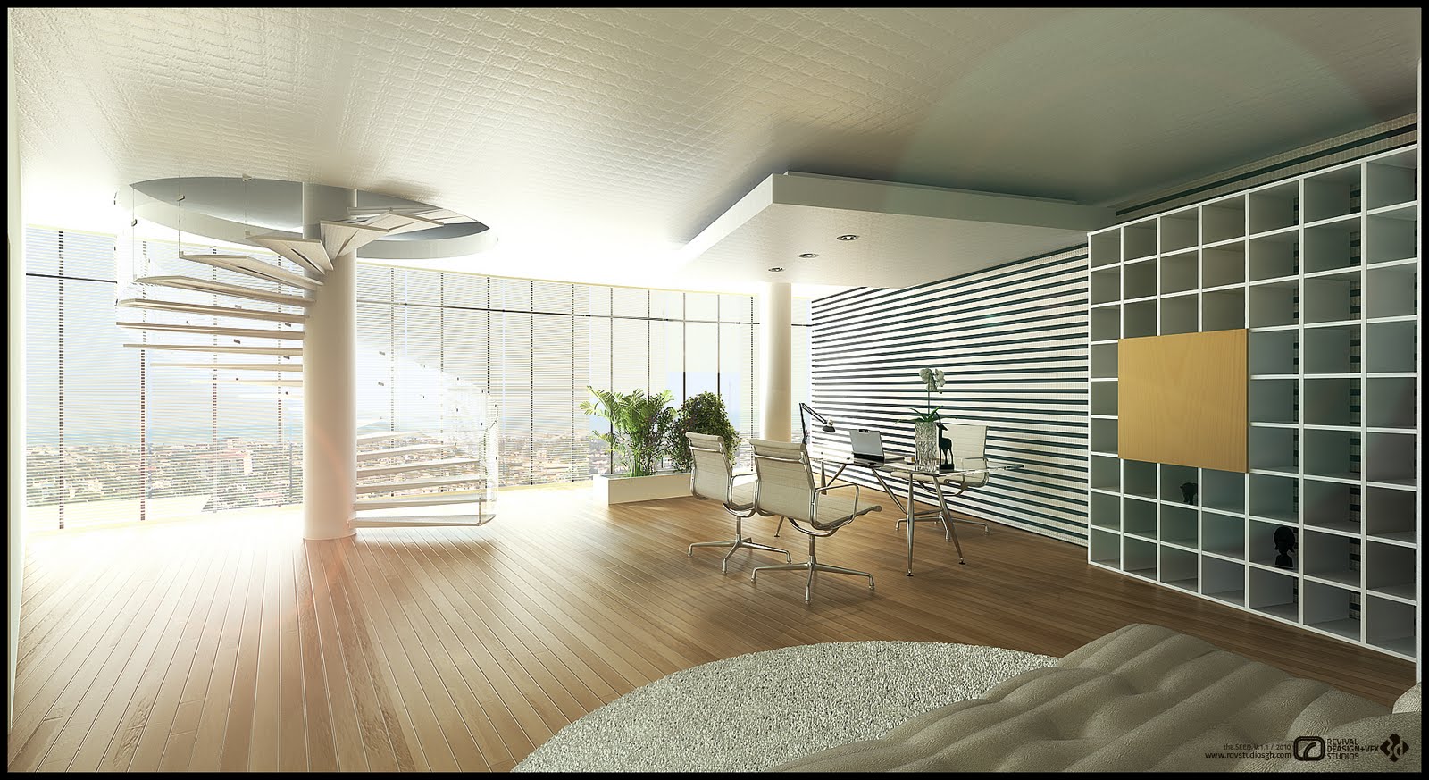 A rendered corner executive office on a timber floor, wrapped in full-height glazing with horizontal blinds and a hazy city view beyond: a sculptural white helical stair curls around a column at the left, a glass-topped desk with three white chairs stands against a horizontally striped feature wall, and a floor-to-ceiling white grid shelving unit inset with a single oak panel closes the right-hand side under a textured white ceiling.