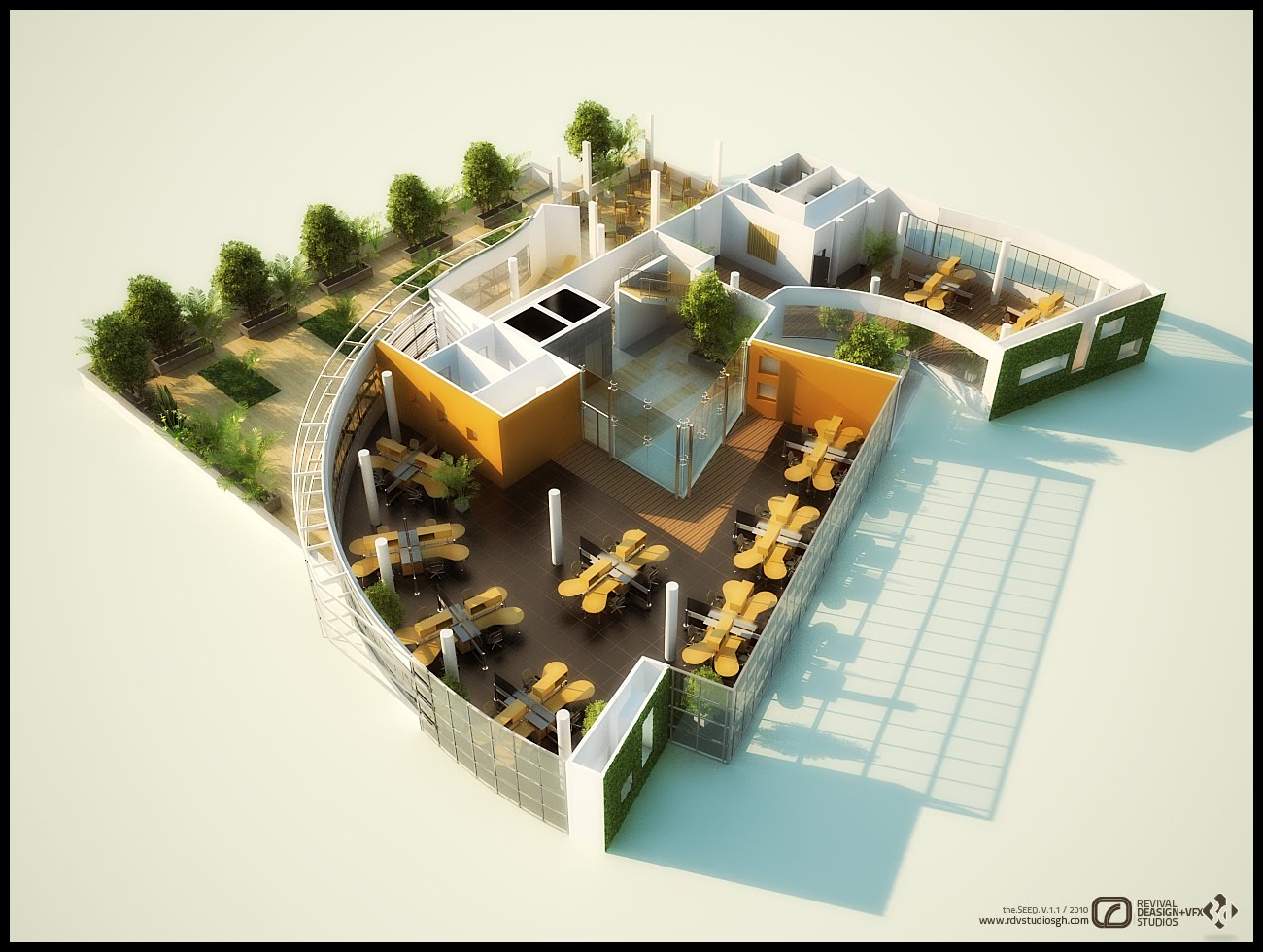 A rendered isometric cutaway of a curved open-plan office floor floating on a white ground: clusters of shared desks with amber chairs on a dark floor between white columns, glass partitions and orange meeting-room walls, an internal planted garden, and a timber-decked terrace of tree planters running the length of the facade behind a moss-green screen wall, with a shadow of the glazing cast to the right.