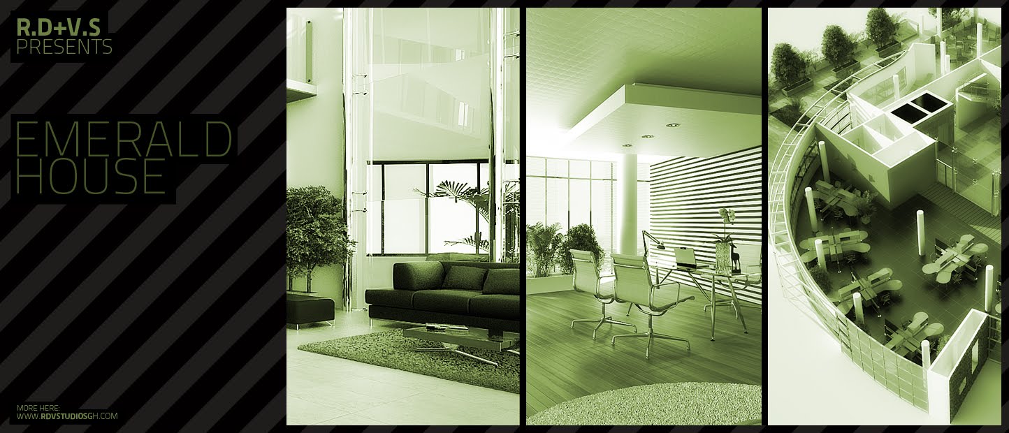 The competition presentation banner: a black panel of diagonal stripes at the left carries R.D+V.S PRESENTS and a large EMERALD HOUSE wordmark, followed by three green-duotone panels cropped from the other renders, a lounge with a black sofa, the executive desk with white chairs, and the isometric office floor, with the studio address along the foot.