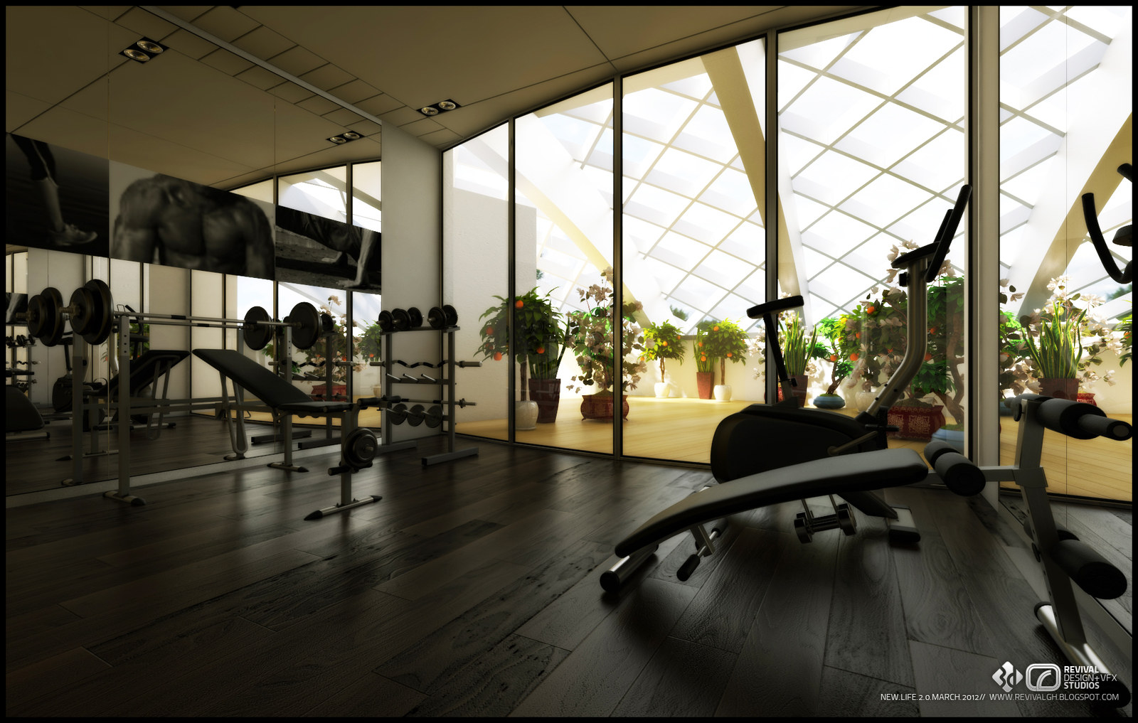 A rendered gym on a dark timber floor: a wall of mirrors banded with black-and-white athletic photography over a rack of free weights and a flat bench at the left, a cross trainer and a weight bench in the foreground, and a full-height glazed wall with a diagrid structure looking onto a planted atrium of potted trees and shallow steps.