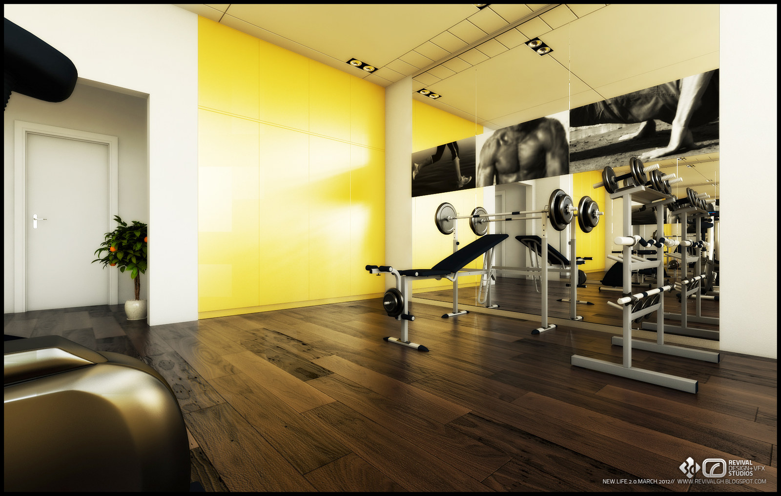 The same gym from the other corner: a bright yellow feature wall and a white door at the left with a potted plant at its base, the head of a treadmill in the near foreground, and a decline bench and a dumbbell rack standing on the dark timber floor in front of the mirrored, photo-banded wall.
