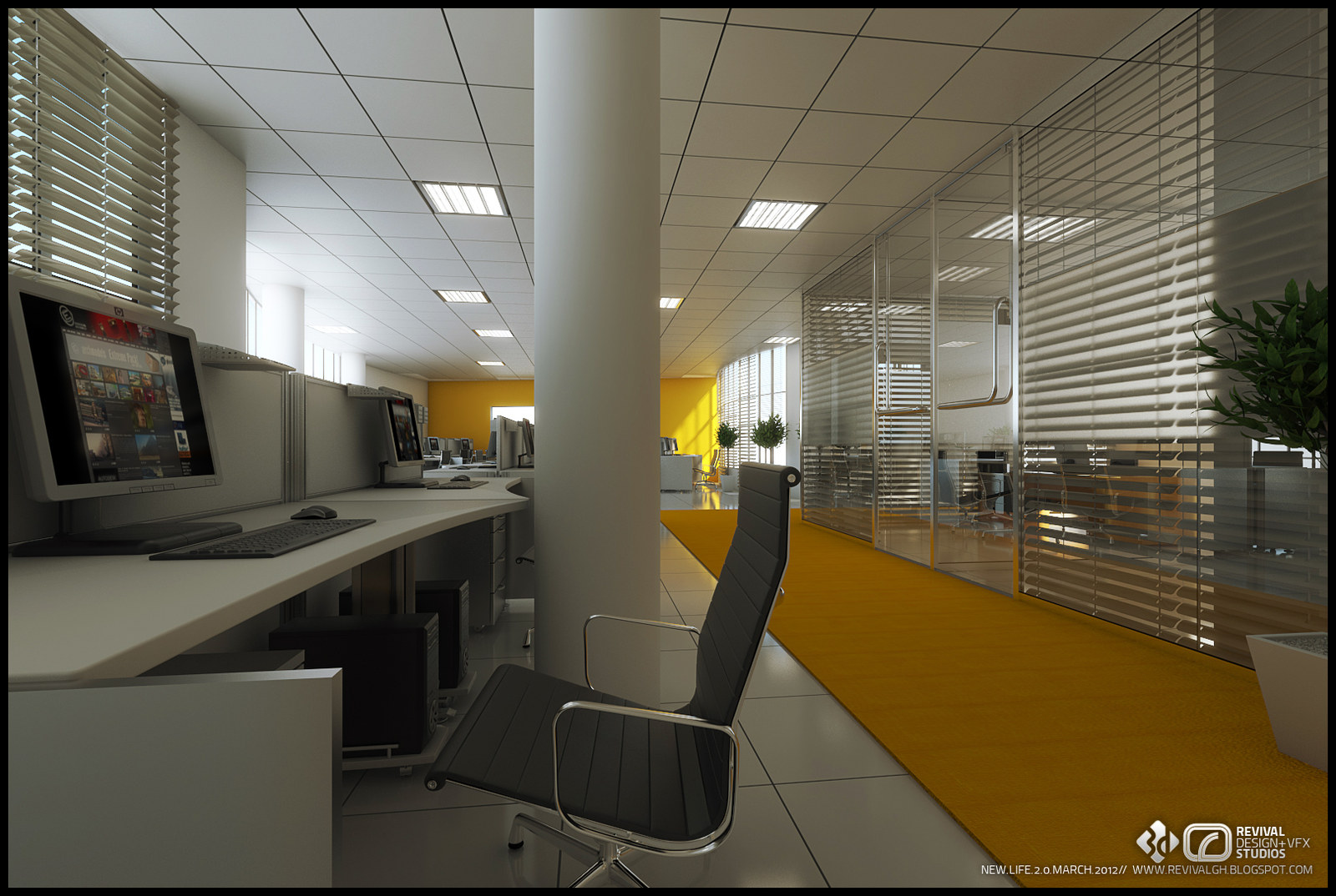 An open-plan office module seen along its circulation spine: white desks carrying flat-screen computers at the left with a grey task chair drawn out, a white structural column in the middle of the floor, a yellow-carpeted walkway running between glass partitions under blinds, and a recessed ceiling grid of square light panels overhead.