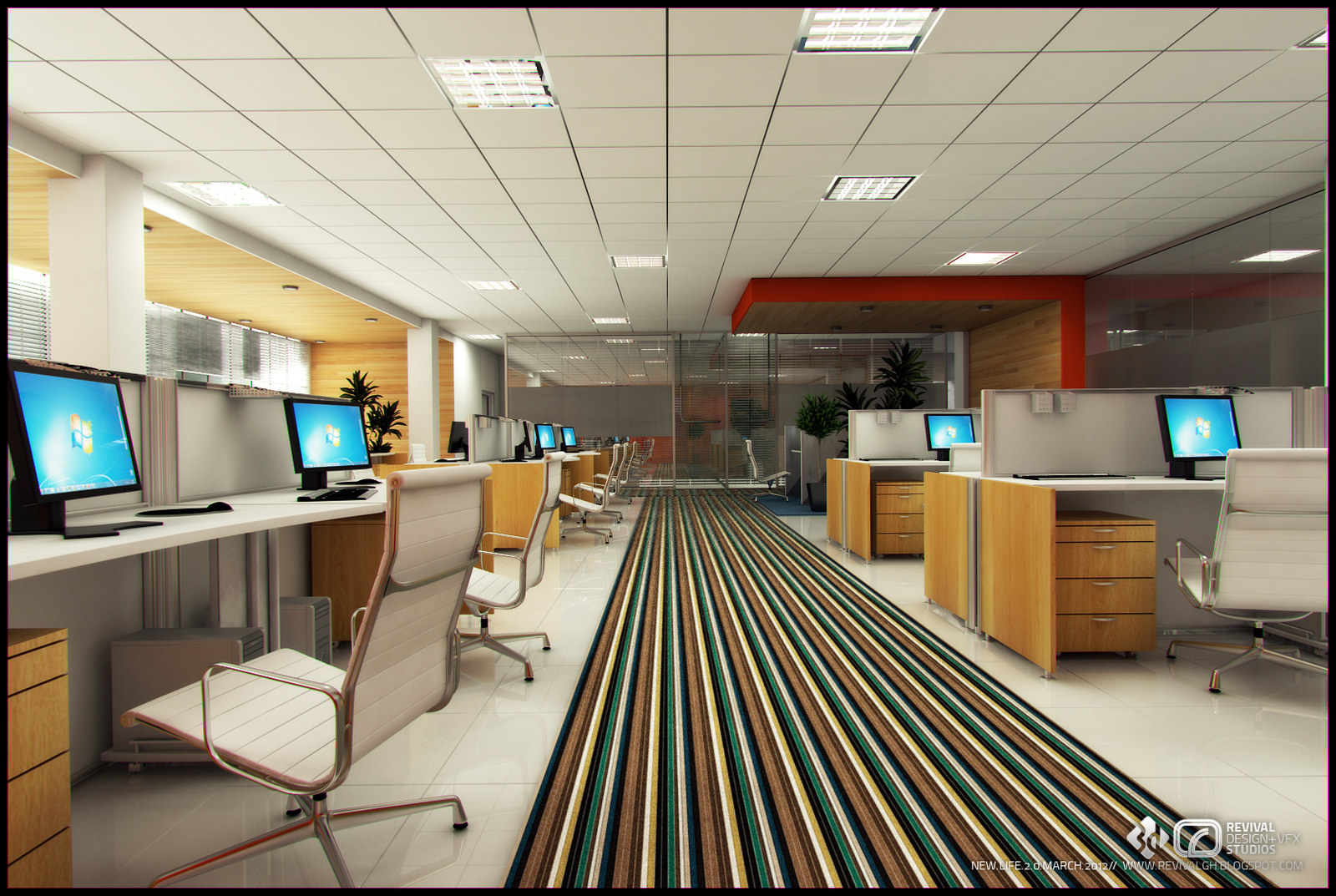 A second office module: a run of workstations with oak pedestal units, white chairs and screens down both sides of a boldly striped multi-colour carpet, a red bulkhead closing the far end of the floor, and a glass-walled meeting room with planting to the right.