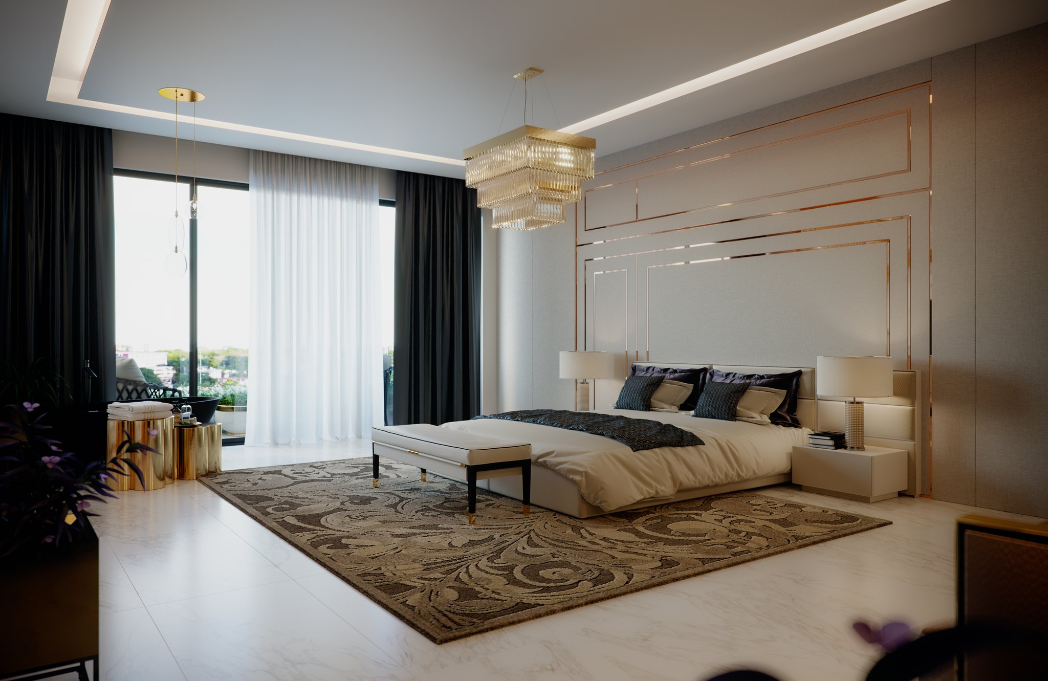 Empire Tower - the master bedroom: a cream bed with dark satin cushions on a patterned rug under a tiered crystal chandelier, copper-lined panelling behind the headboard and full-height glass onto the balcony