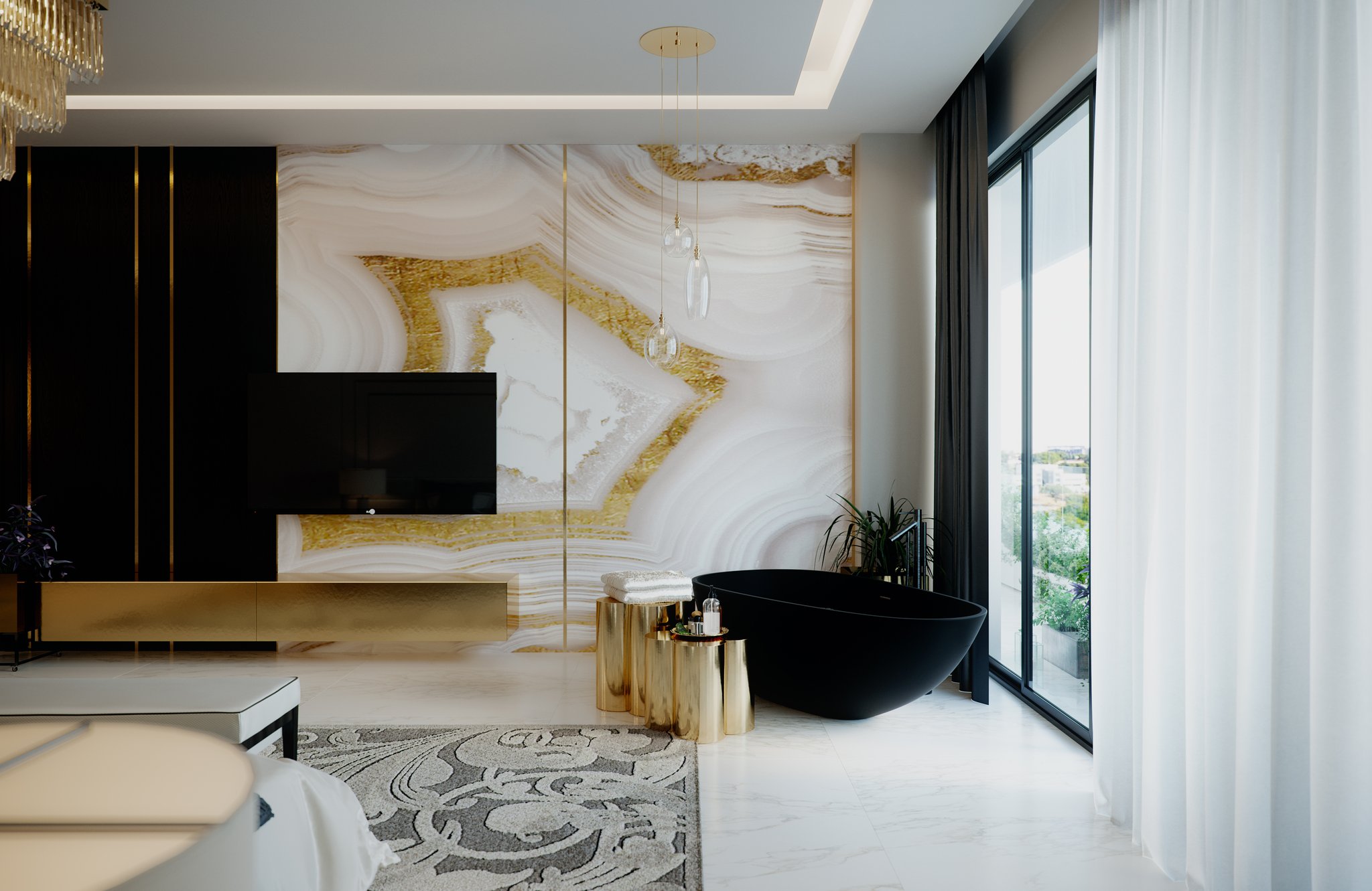 Empire Tower bedroom&rsquo;s open bathroom end: a black freestanding soaking tub at full-height glazing, brass drum tables with folded towels, three glass pendant drops, and the agate-and-gold television wall beyond.