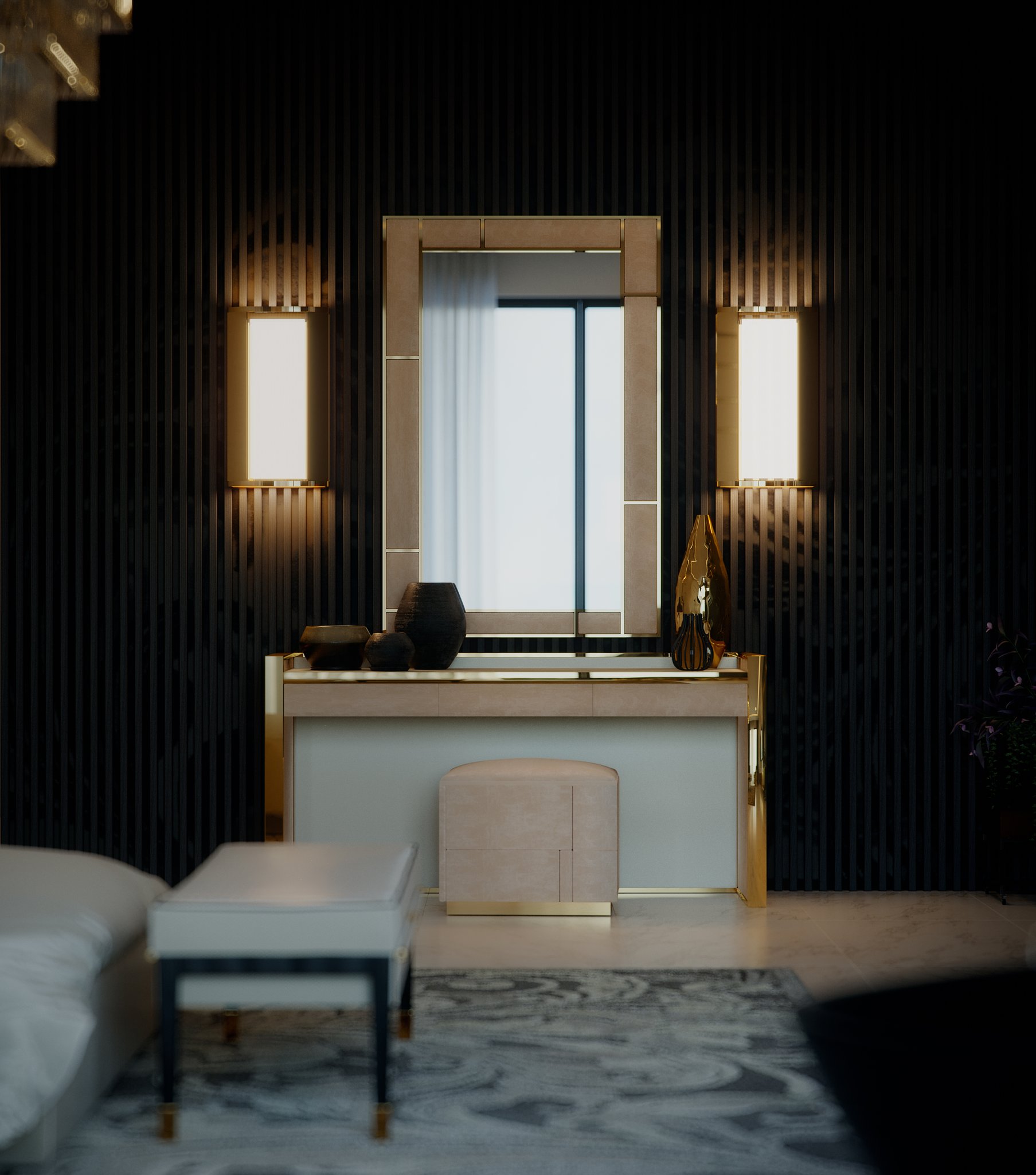 Empire Tower dressing corner: a brass-framed mirror on dark fluted timber between two tall luminous sconces, a console of dark and gold vessels with an upholstered stool beneath it, and the bench at the bed&rsquo;s foot in the foreground.