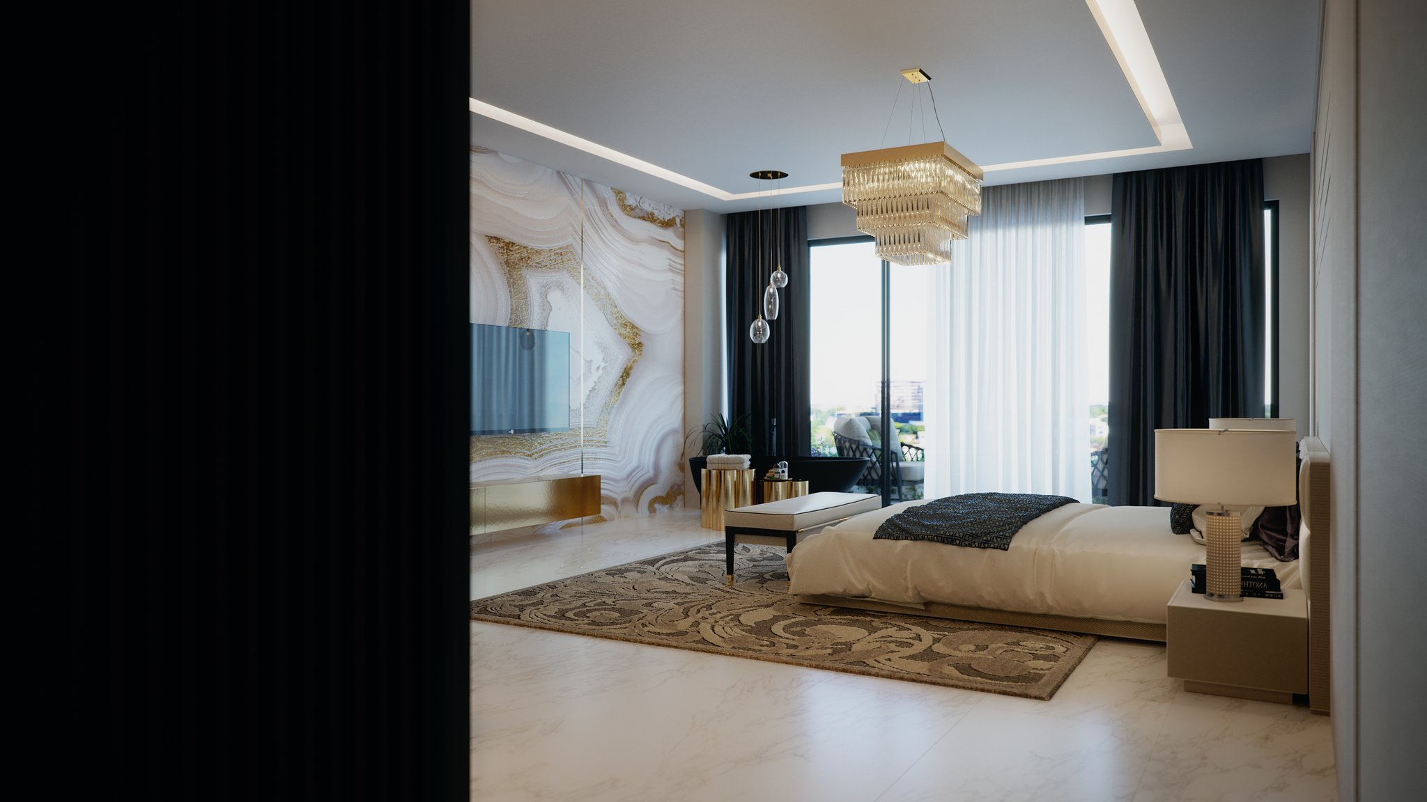 Empire Tower master bedroom seen past a dark door reveal: an agate-and-gold feature wall carrying the television over a floating brass console, a cream bed on a patterned rug, and a square crystal chandelier over the sheer-curtained balcony glazing.