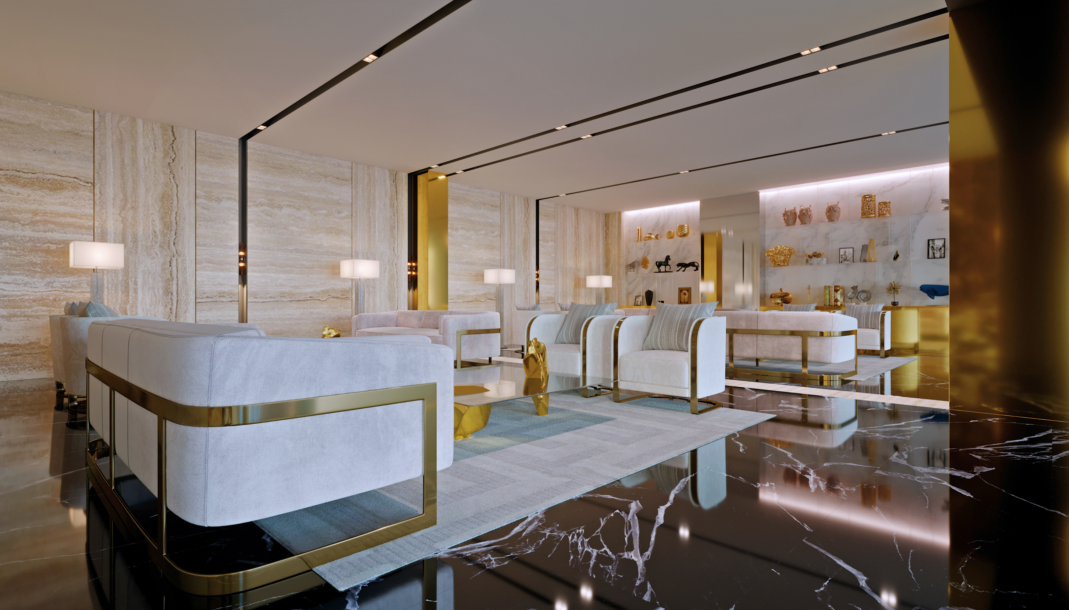 Empire Tower residents&rsquo; lounge: brass-framed pale armchairs and sofas grouped on a light rug, backlit onyx niches carrying gold ornaments to the right, and a mirror-polished black marble floor.