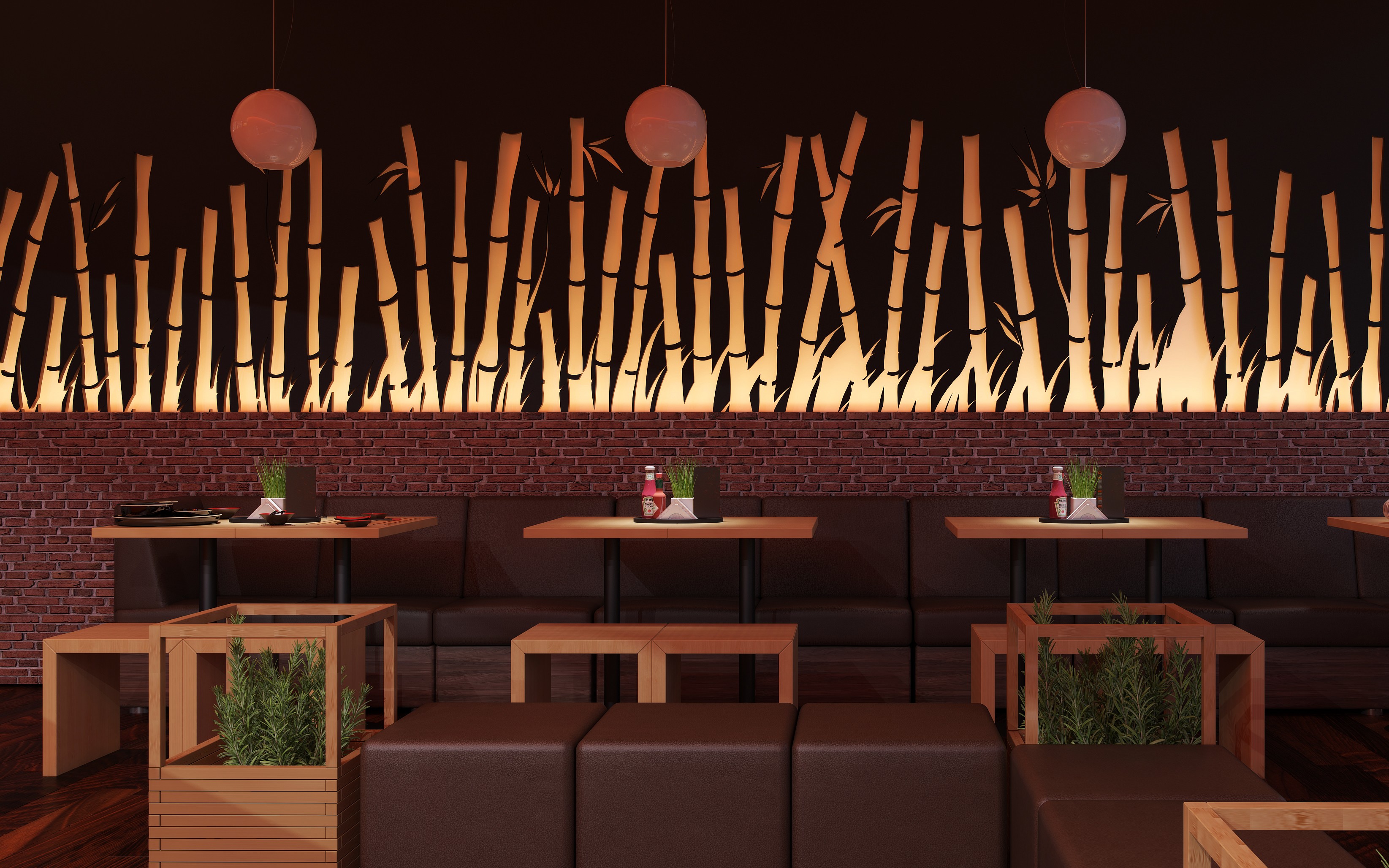Enda at Accra Mall: low timber tables set against brown leather banquettes beneath a row of pink paper lanterns, backed by a red brick dado and a backlit bamboo screen carrying a silhouetted illustration