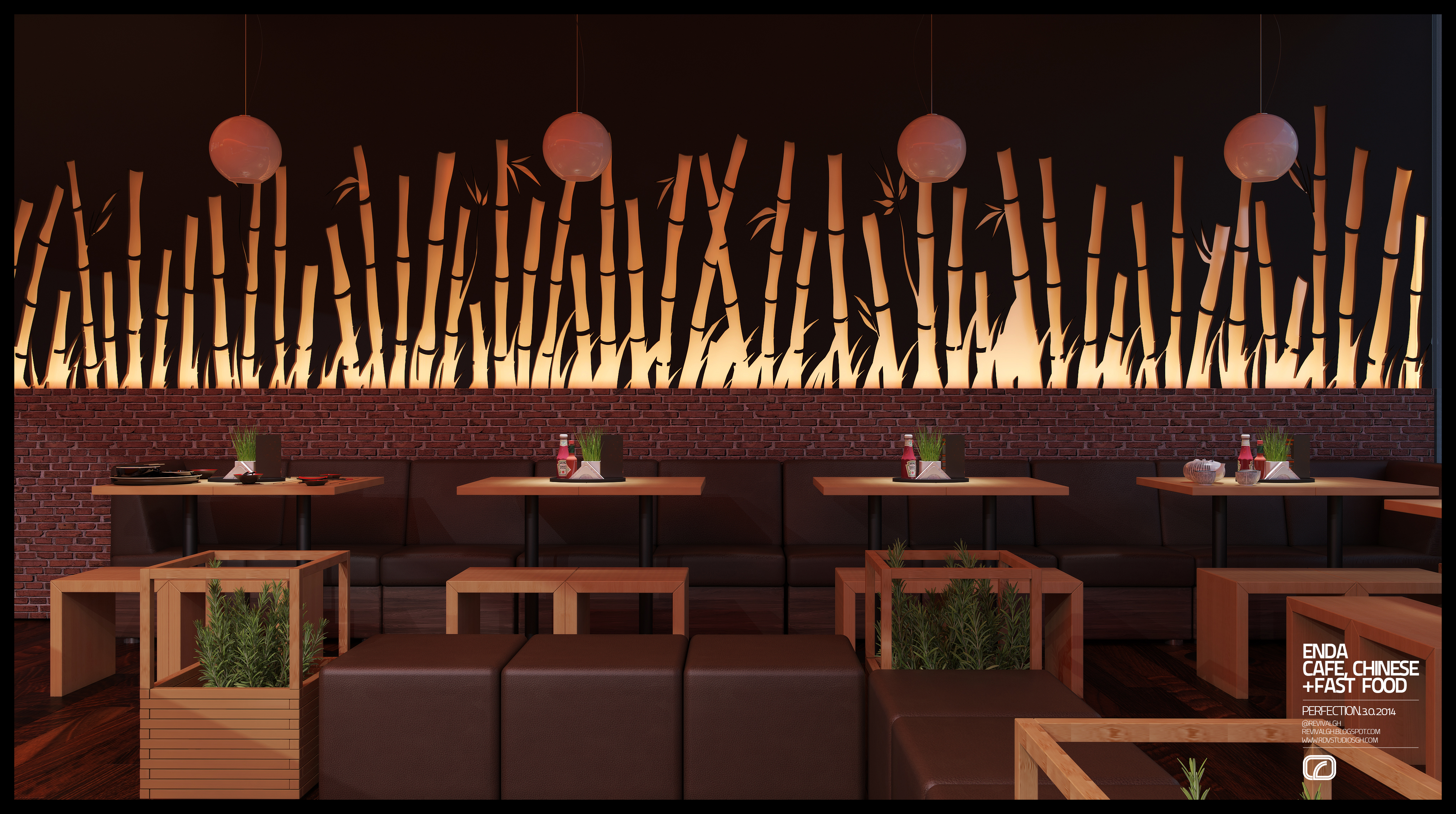 The banquette run: low timber tables with condiment caddies against brown leather seating, pink paper lanterns above, red brick dado and planters in timber crates, with the backlit bamboo screen and its silhouette behind