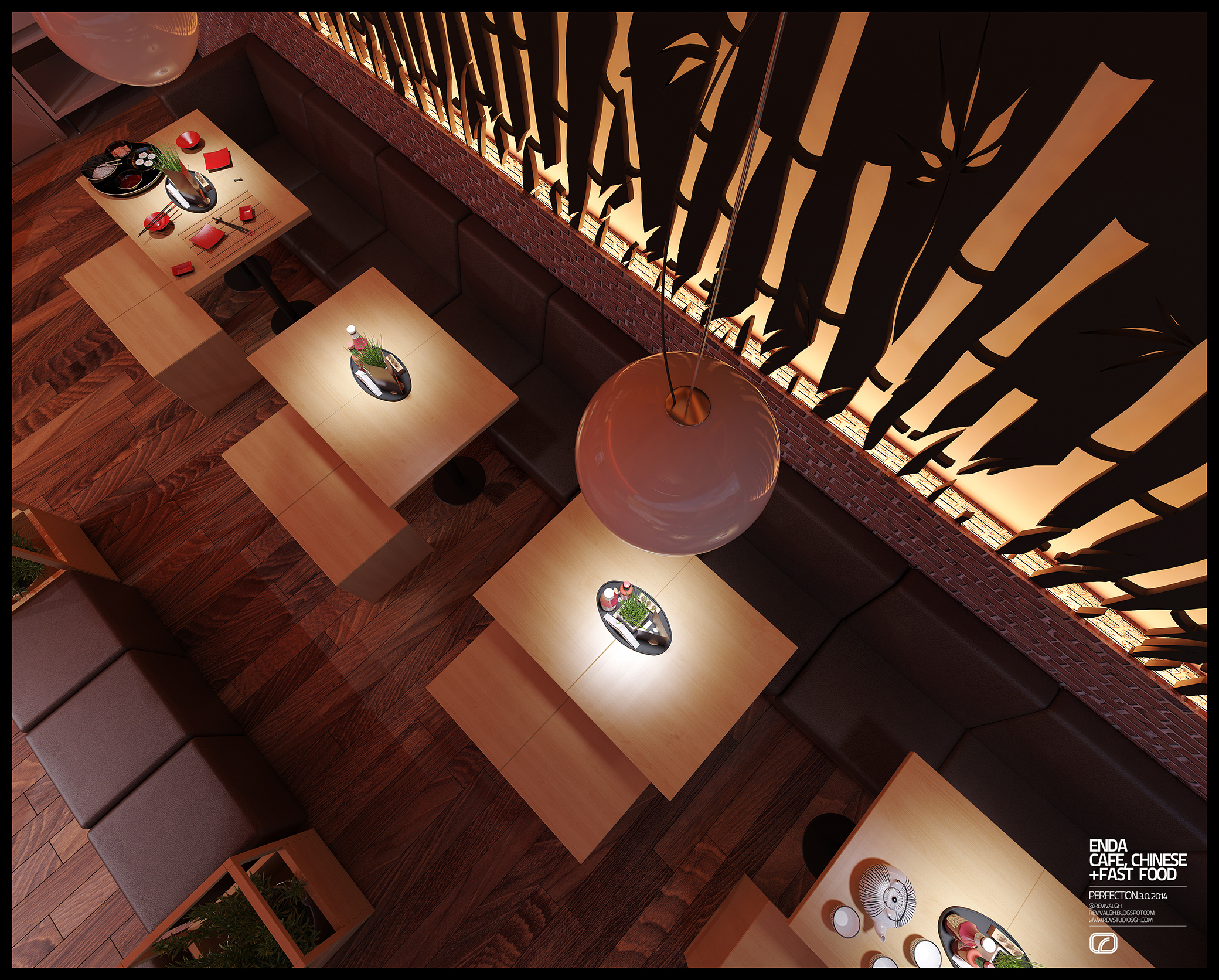 Looking down the dining area from above: square timber tables with matching benches set along the banquette, a paper lantern suspended mid-frame, and the backlit bamboo screen running the full length behind