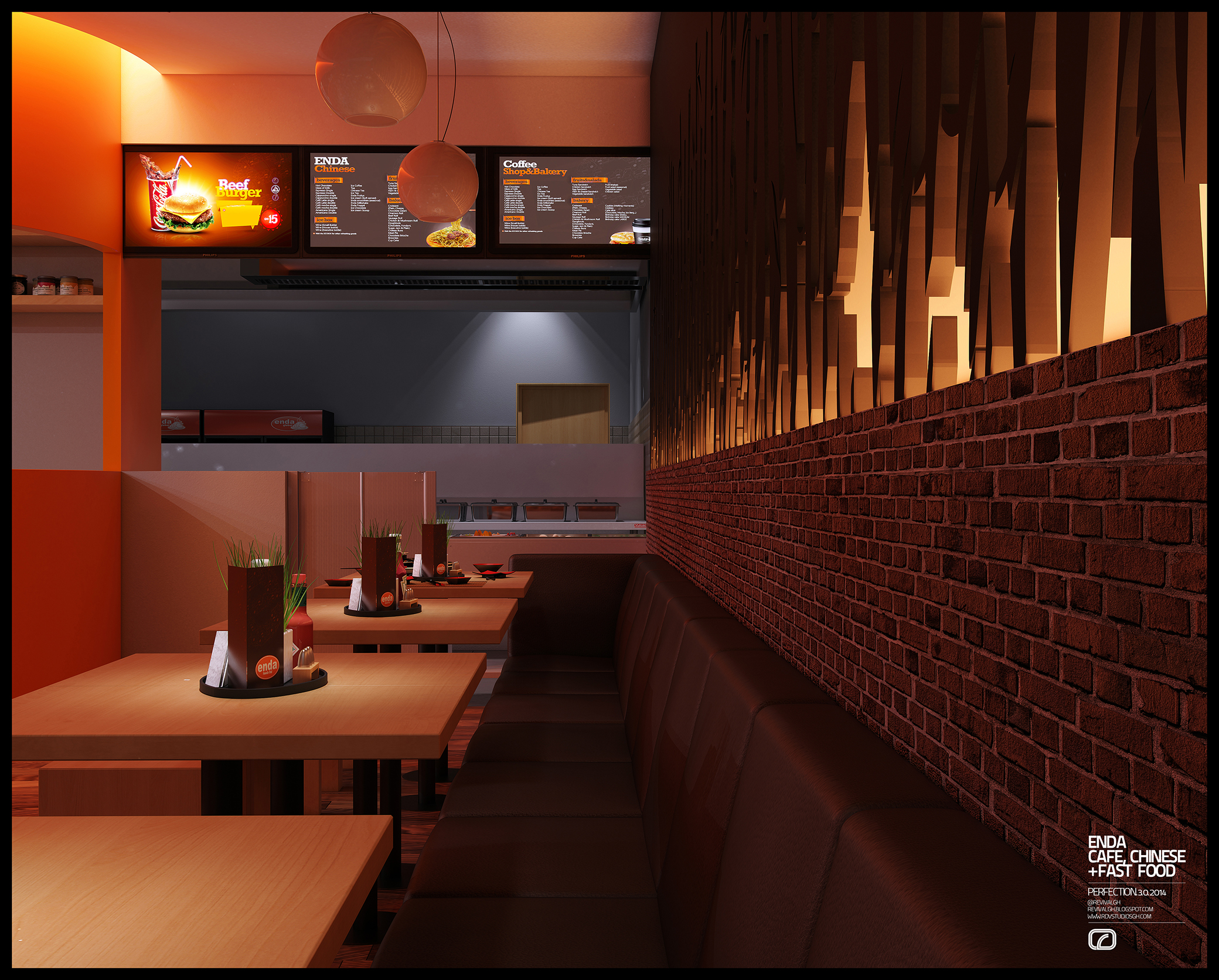 Down the length of the banquette run towards the servery, with the brick dado and bamboo screen on one side and the row of illuminated menu boards hanging over the counter ahead