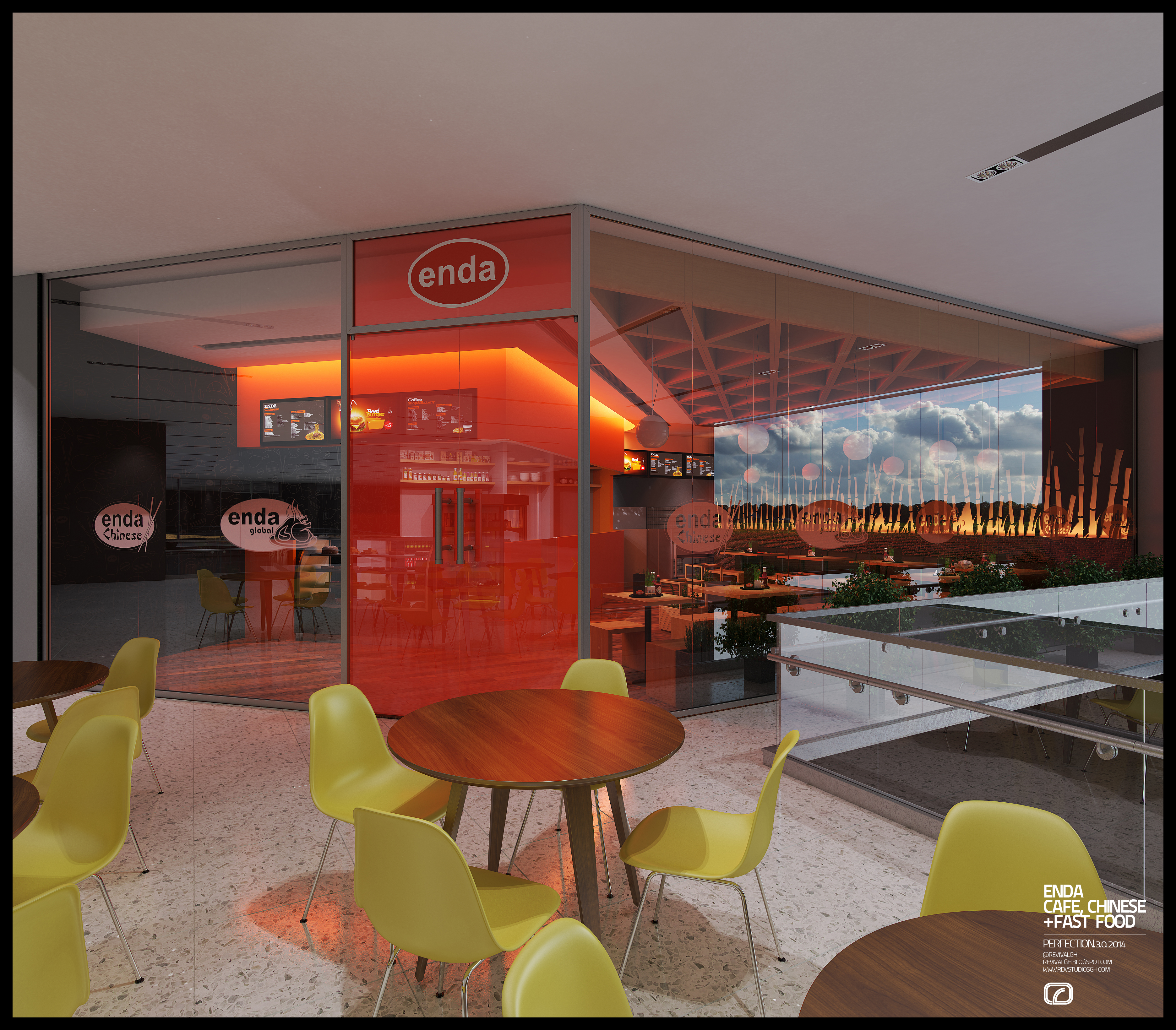 The mall-facing corner: a red fascia carrying the circular enda badge above fully glazed walls lettered enda foods, with yellow shell chairs and round tables on the terrazzo concourse