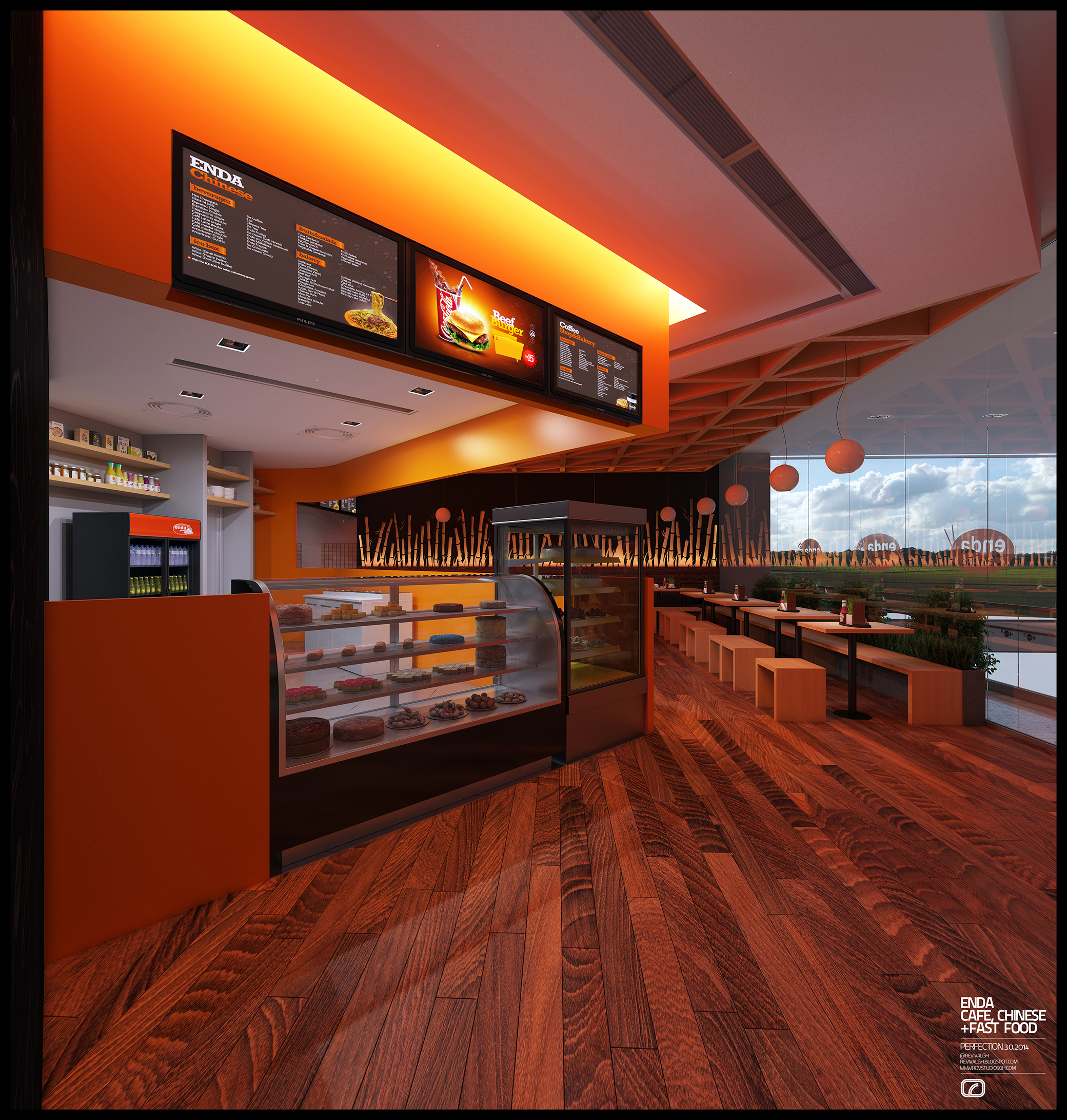 The servery end: a curved glass pastry cabinet beside the orange counter and bulkhead with its menu boards, plank floor running out to the glazed mall wall