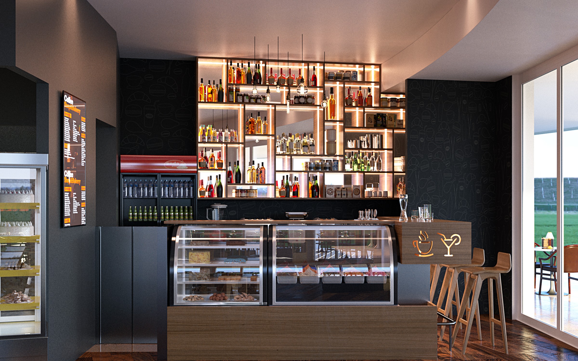 The servery: two curved-glass display cabinets set into a timber counter in front of an asymmetric grid of backlit bottle shelves, with dark walls papered in fine white line drawings of glassware and a glazed wall to the right