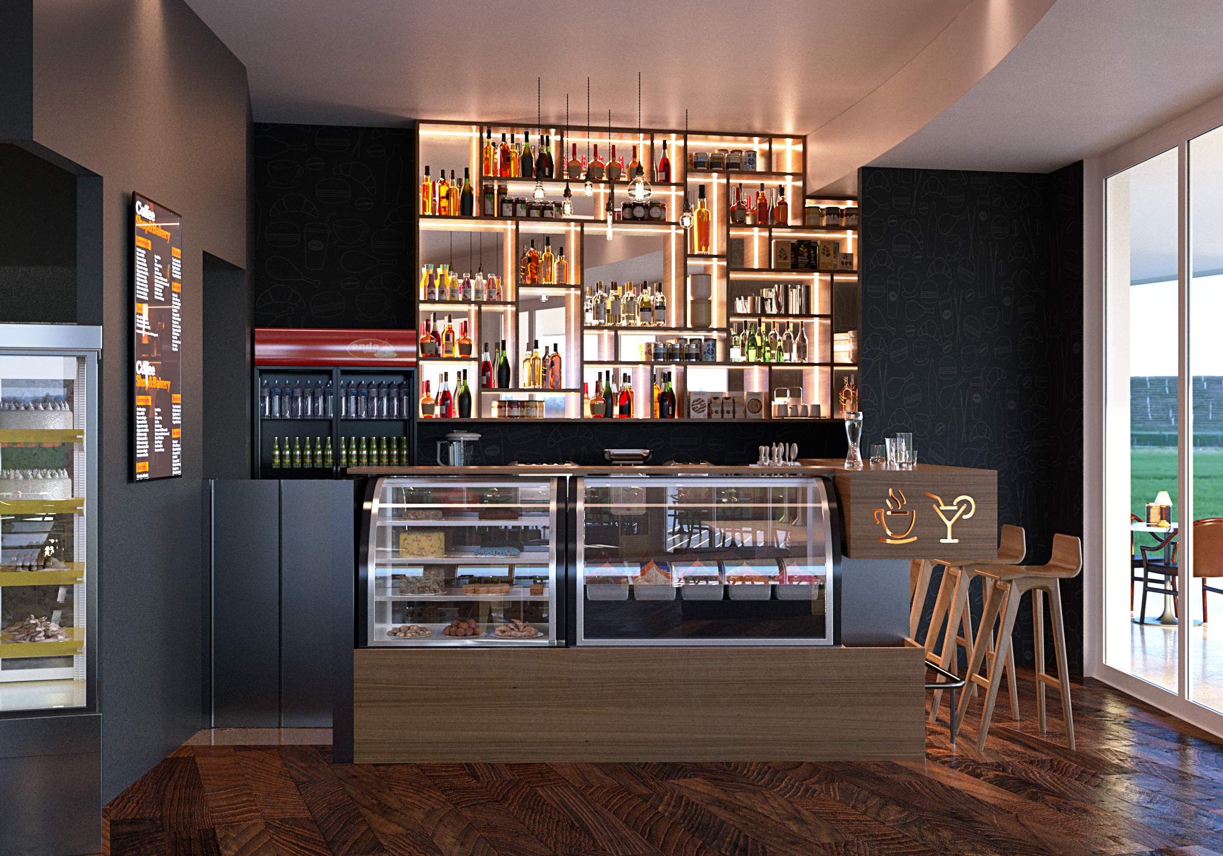The servery: two curved-glass display cabinets set into a timber counter in front of an asymmetric grid of backlit bottle shelves, dark charcoal walls printed with fine white line drawings of glassware, a vertical menu board at the left, an illuminated cup-and-glass mark on the bar face, timber stools, and a glazed wall opening onto a terrace