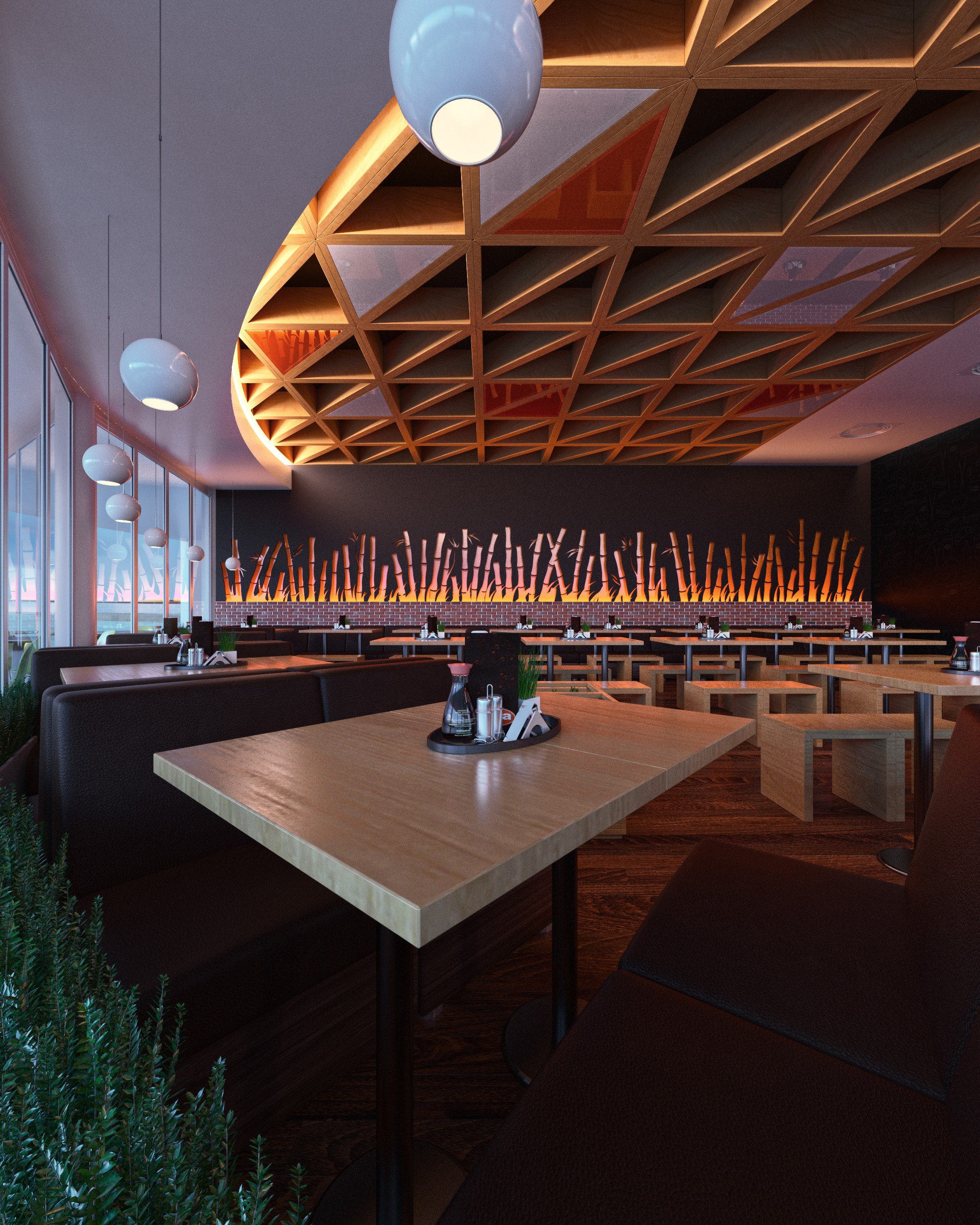 Across the dining hall: low pale timber tables with matching block benches and banquettes in front of a dark wall carrying a backlit screen of uneven bamboo canes over a red brick dado, a dome of square timber coffering sunk into the ceiling above, and white globe pendants hung at varying heights