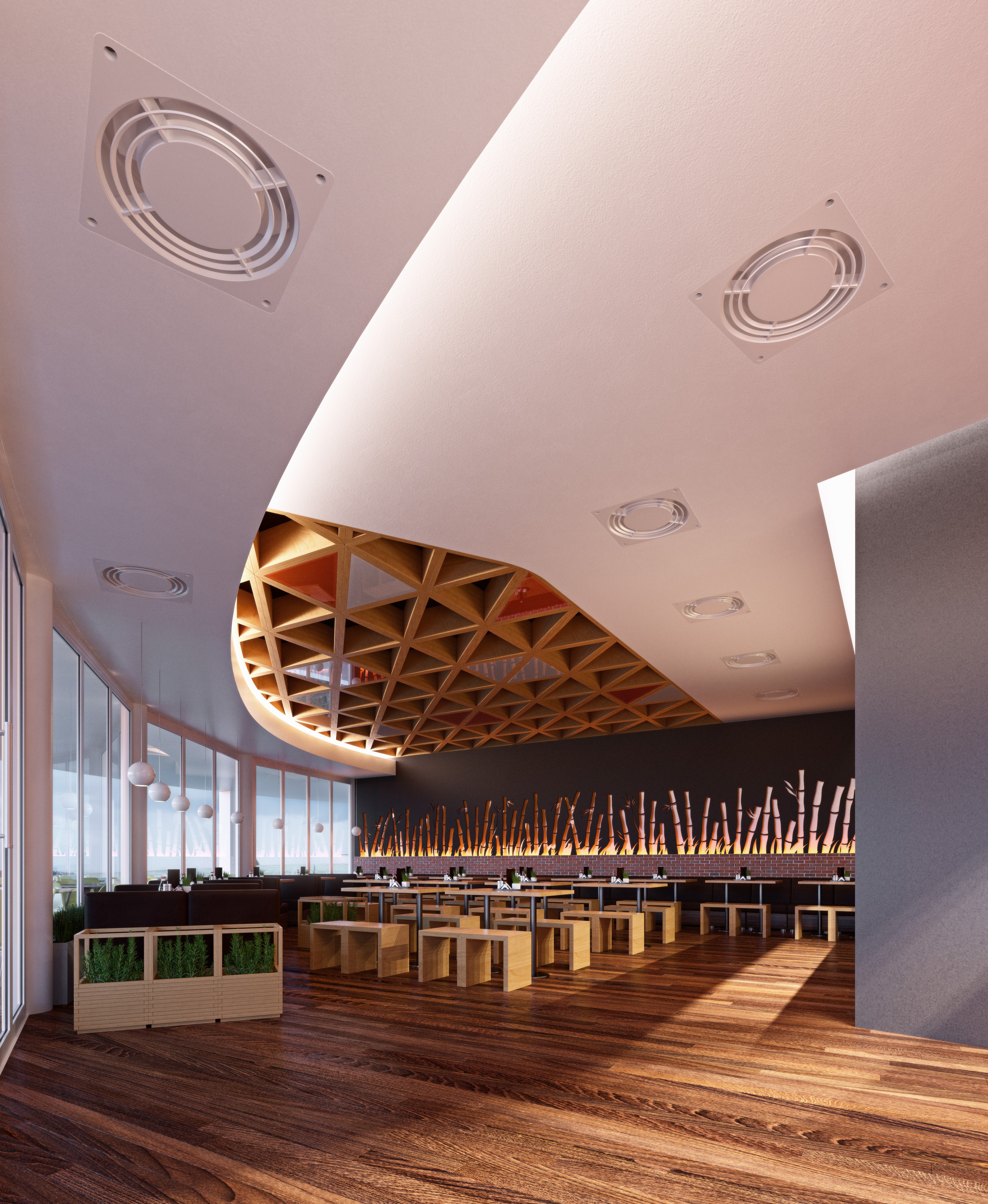 The same hall from the other end: a long curved white ceiling swept with circular air diffusers and recessed squares dropping towards the timber coffered dome, runs of tables and block benches on a plank floor, the bamboo screen glowing along the far wall, and a glazed wall with planters in timber crates at the left