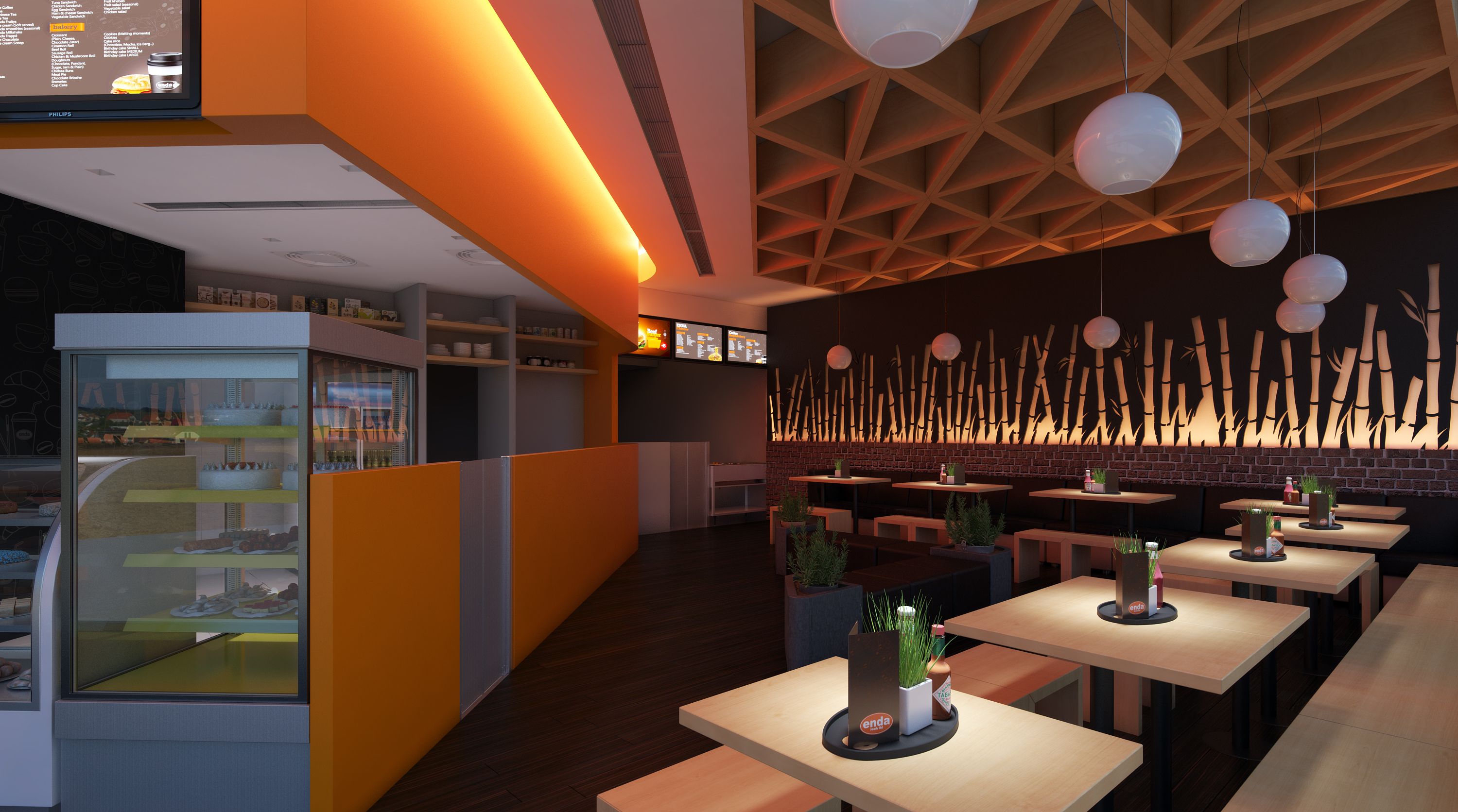 Enda WHM dining room: an orange service bulkhead over a lit cake display at the left, a timber waffle ceiling with pale globe pendants above, and a backlit screen of bamboo culms glowing over the brick banquette at the right.
