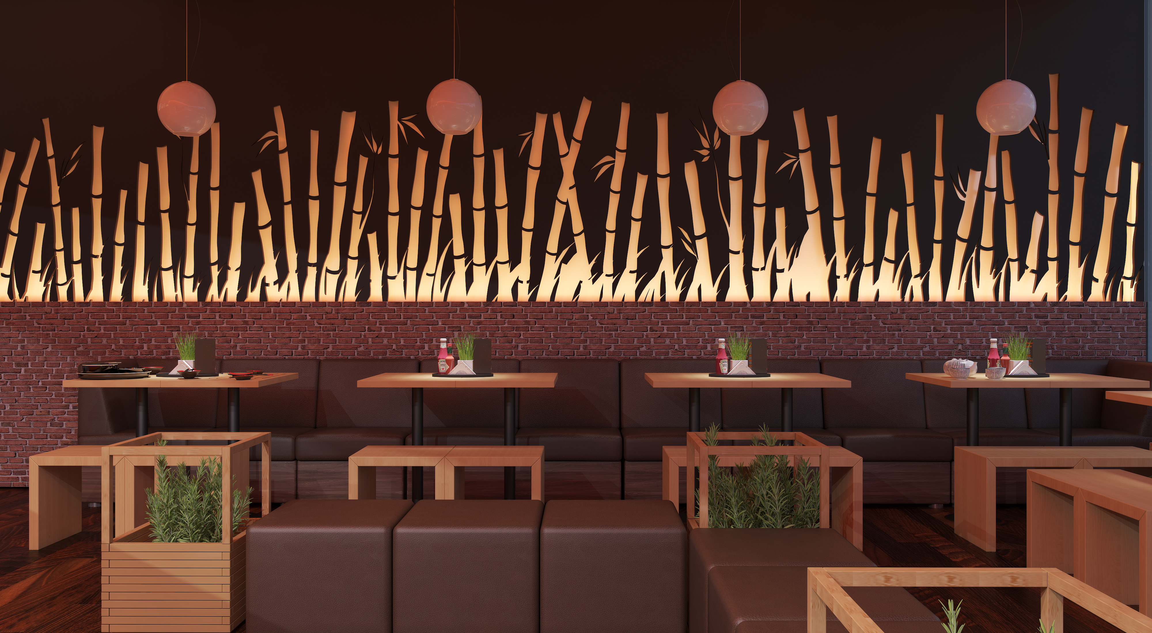 Enda WHM banquette wall: the backlit bamboo screen above a red brick dado, brown leather bench seating with oak tables and cube benches, and four globe pendants hung on long cords.