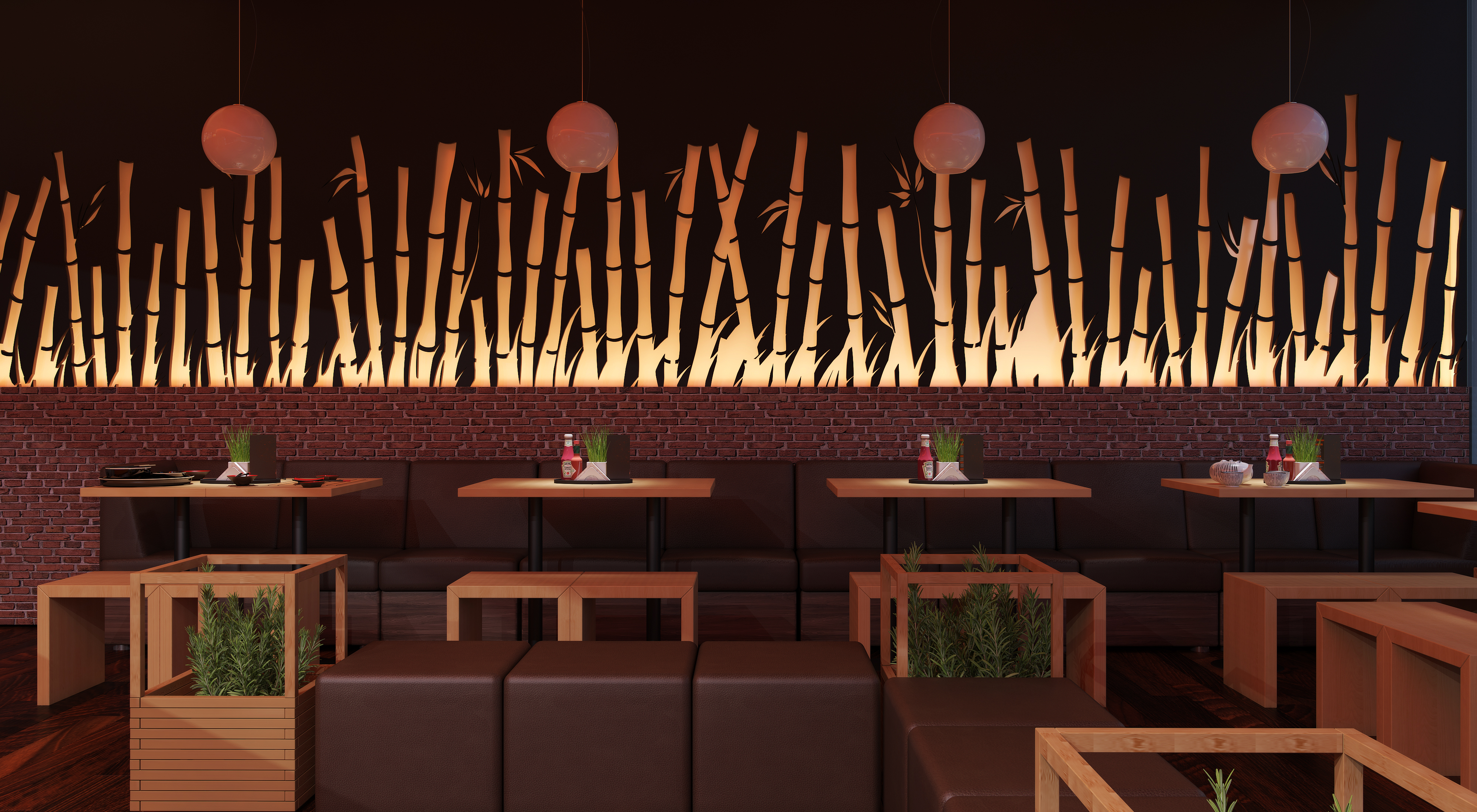 Enda WHM banquette wall again: the same elevation of backlit bamboo culms over the brick dado, leather bench seating, oak tables with condiment caddies and planted crates in the foreground.
