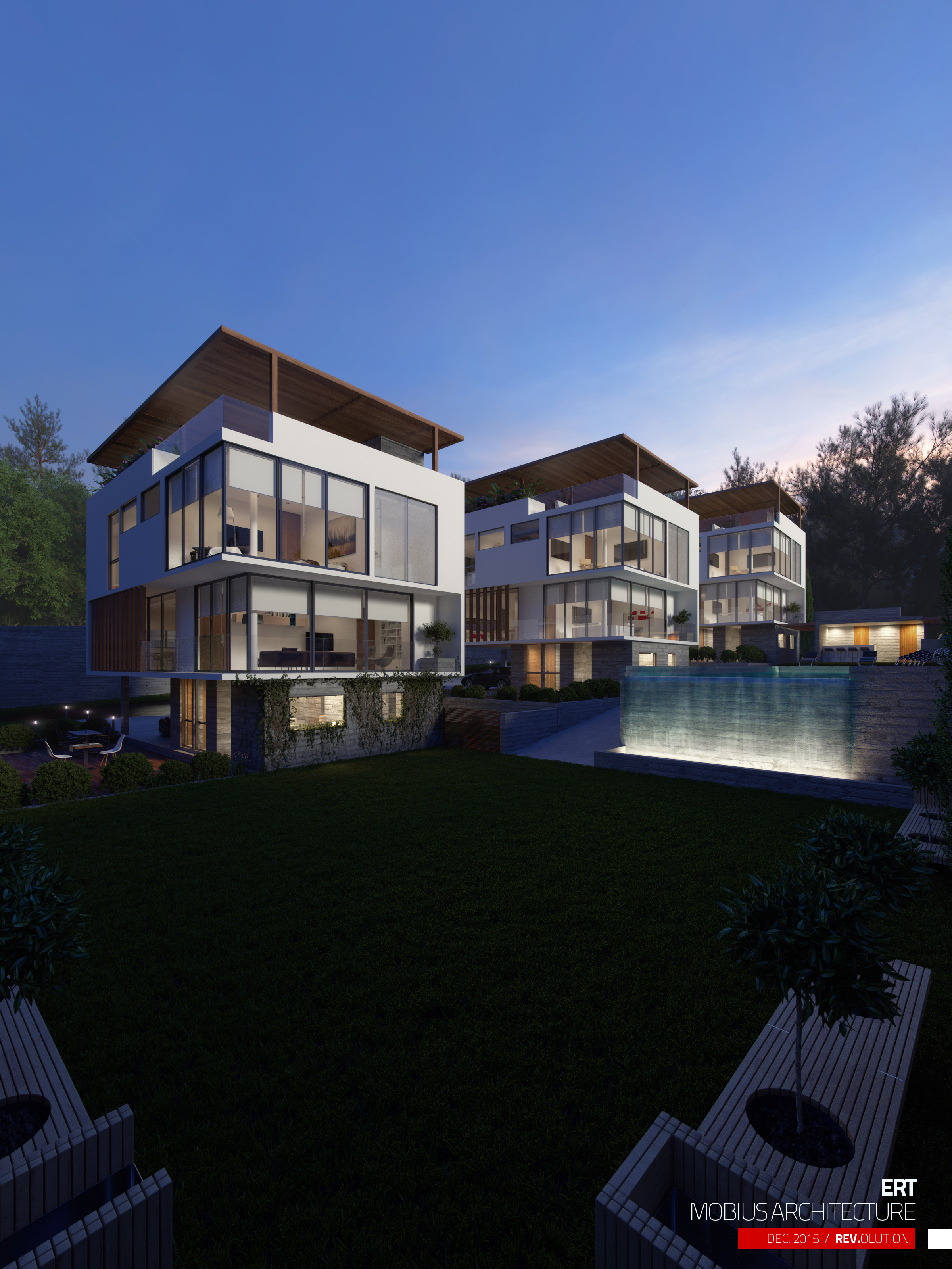 ERT townhouses at dusk: three white cubic villas with full-height glazing under floating timber shade roofs, an illuminated lap pool at the right and curved benches set in the lawn before them.