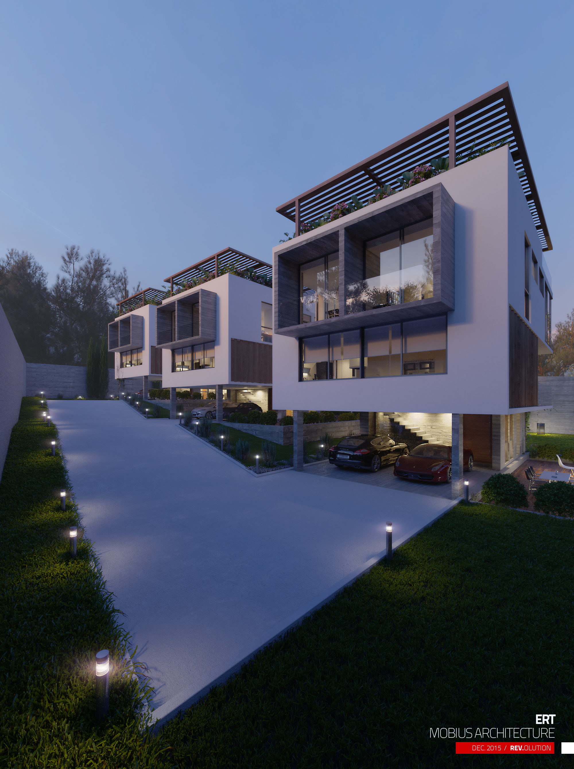 ERT row from the drive at dusk: each white volume carries a board-formed concrete window bay and a planted timber pergola, cars parked under the cantilevers and bollard lights tracing the lawn edge.