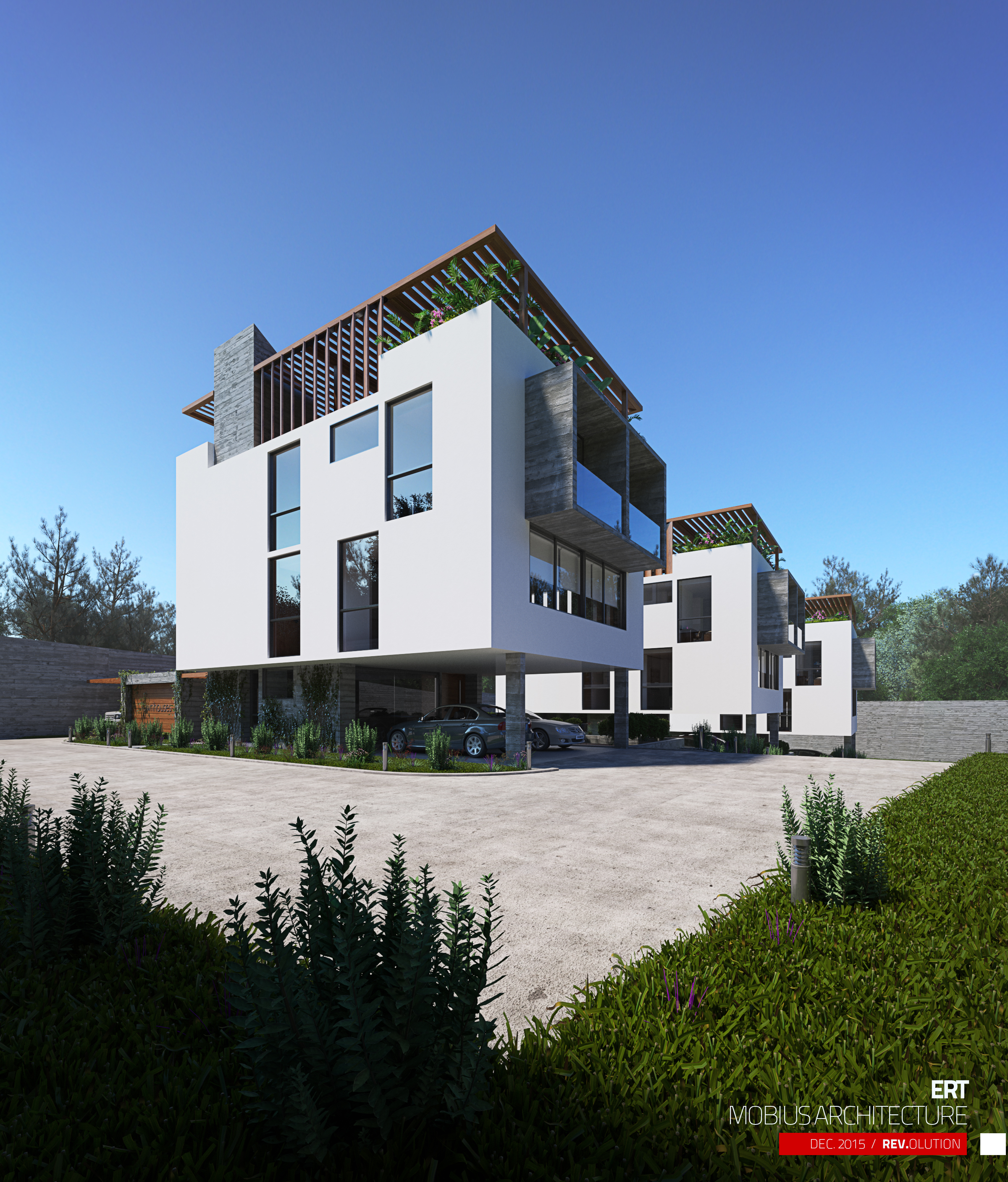 ERT townhouses in daylight: white cubes raised on pilotis with cars beneath, board-formed concrete bays and timber roof screens planted with greenery, seen across a hedge under a clear sky.
