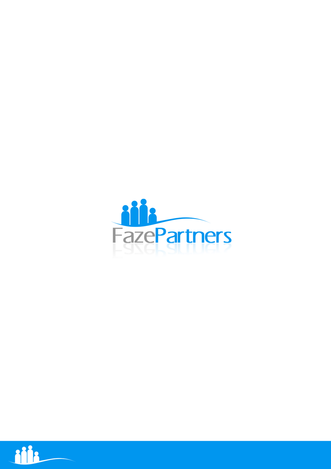 The logo presented on a white sheet: four blue figures with round heads and tapered bodies stand shoulder to shoulder at four different heights over a single blue line that sweeps out to the right and tapers to a point, above the name set as one word with Faze in grey and Partners in blue and the whole wordmark mirrored faintly beneath it, while a solid blue band runs along the bottom edge of the sheet carrying the same four figures reversed out in white at its left