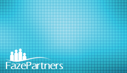 A blue wallpaper built from a grid of soft rounded squares that brightens above the mark and deepens to teal toward the edges, with the four figures, the sweeping line and the Faze Partners wordmark reversed out in white at the lower left