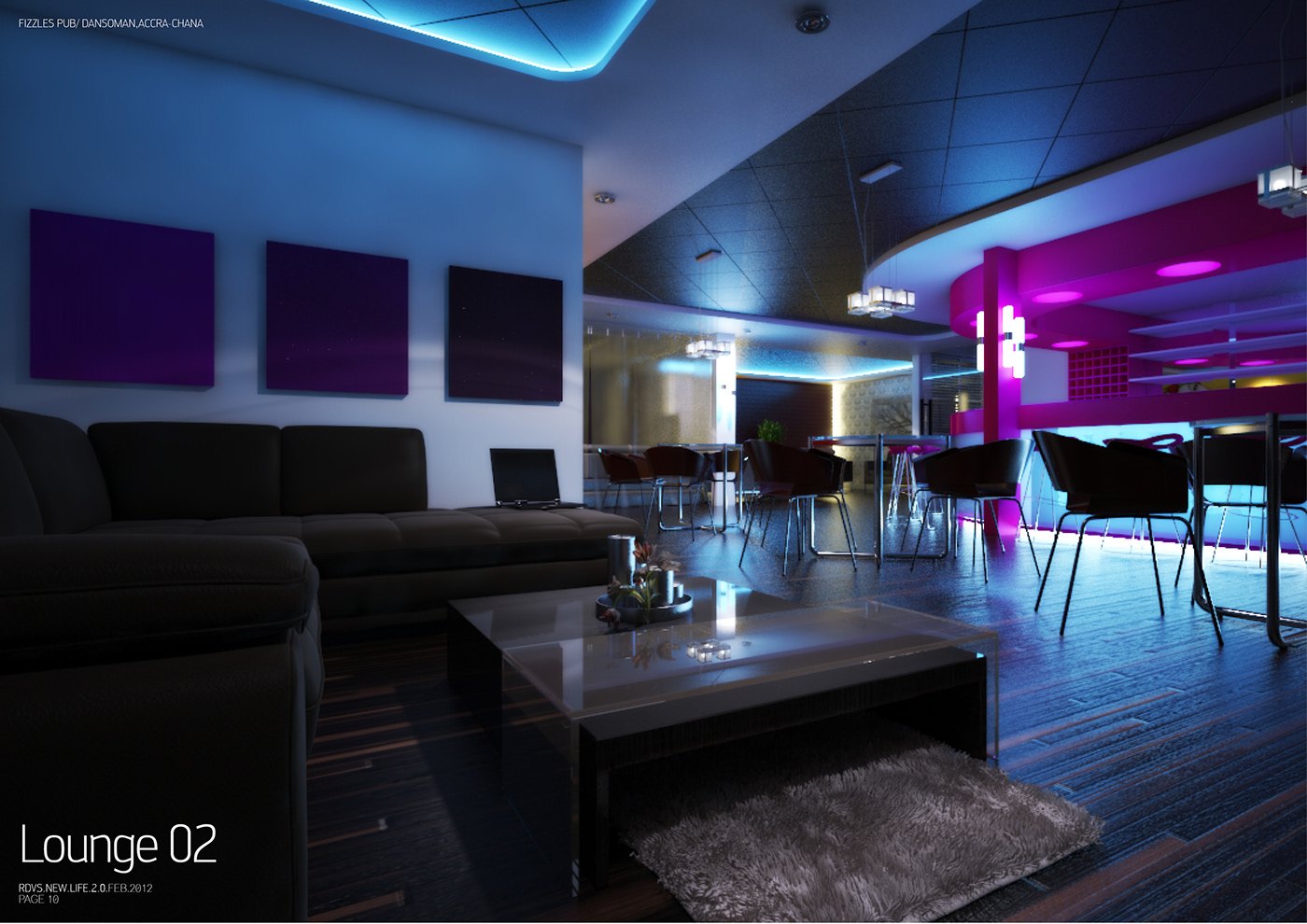 Rendered lounge captioned Lounge 02: black leather sofas and a glass-topped coffee table sit on dark wood under a blue-lit ceiling, with violet wall panels at left and the magenta-lit bar glowing in the background.
