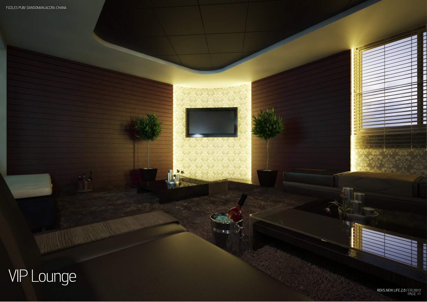 Rendered VIP lounge captioned VIP Lounge: a warmer, enclosed room with a backlit amber stone feature wall holding a television, dark leather sofas around a coffee table, potted plants and a blind-dressed window glowing gold.