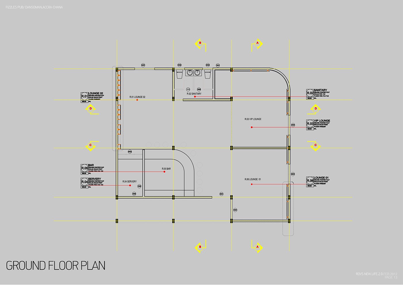 Technical line drawing labeled Ground Floor Plan: the pub&rsquo;s layout in black and yellow linework on a grey field, showing walls, the curved bar, seating zones and door swings, with small annotation markers and room labels.
